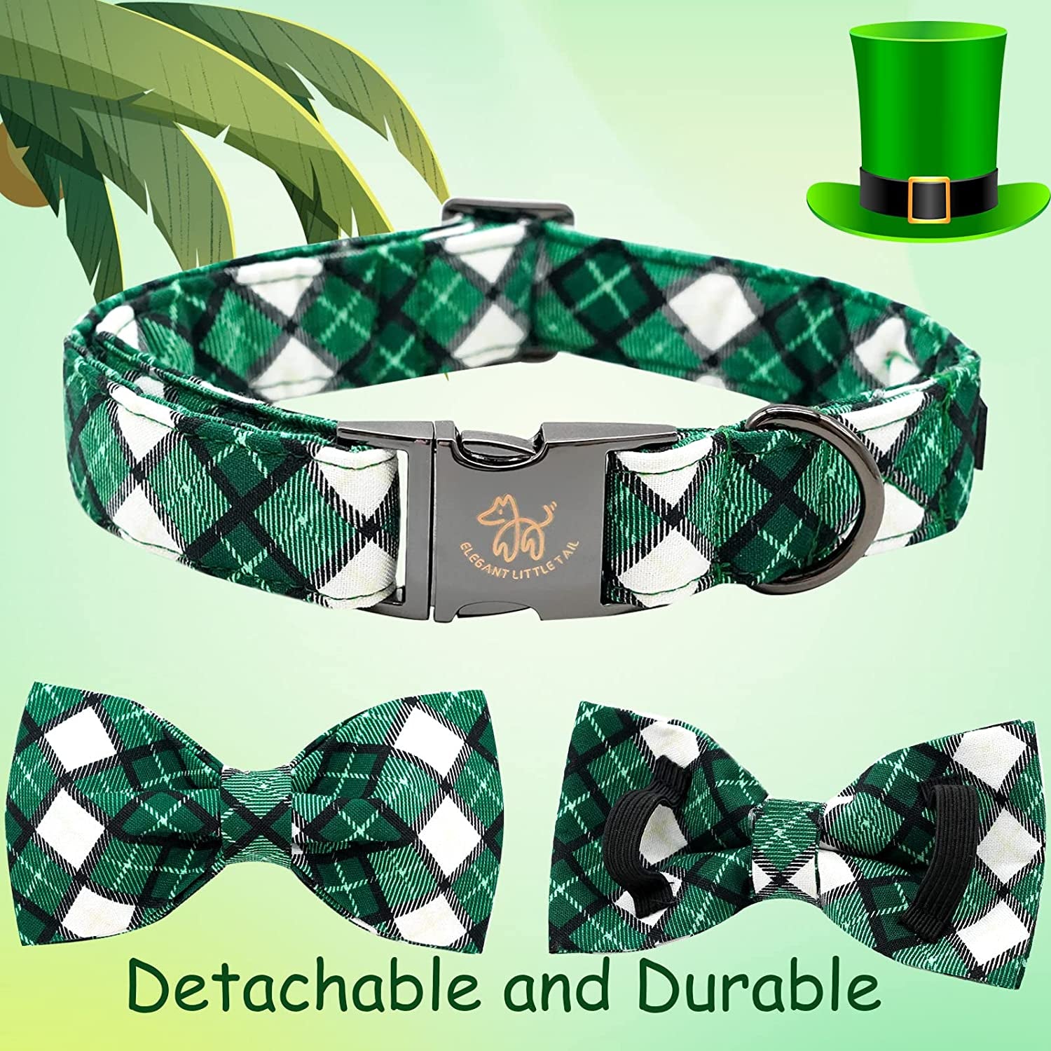 Elegant Little Tail St. Patrick'S Day Dog Collar, Dog Collar with Bow, Green Grid Dog Collar Pet Gift Dog Bowtie Adjustable Dog Collar for Medium Dogs Animals & Pet Supplies > Pet Supplies > Dog Supplies > Dog Apparel Elegant little tail   