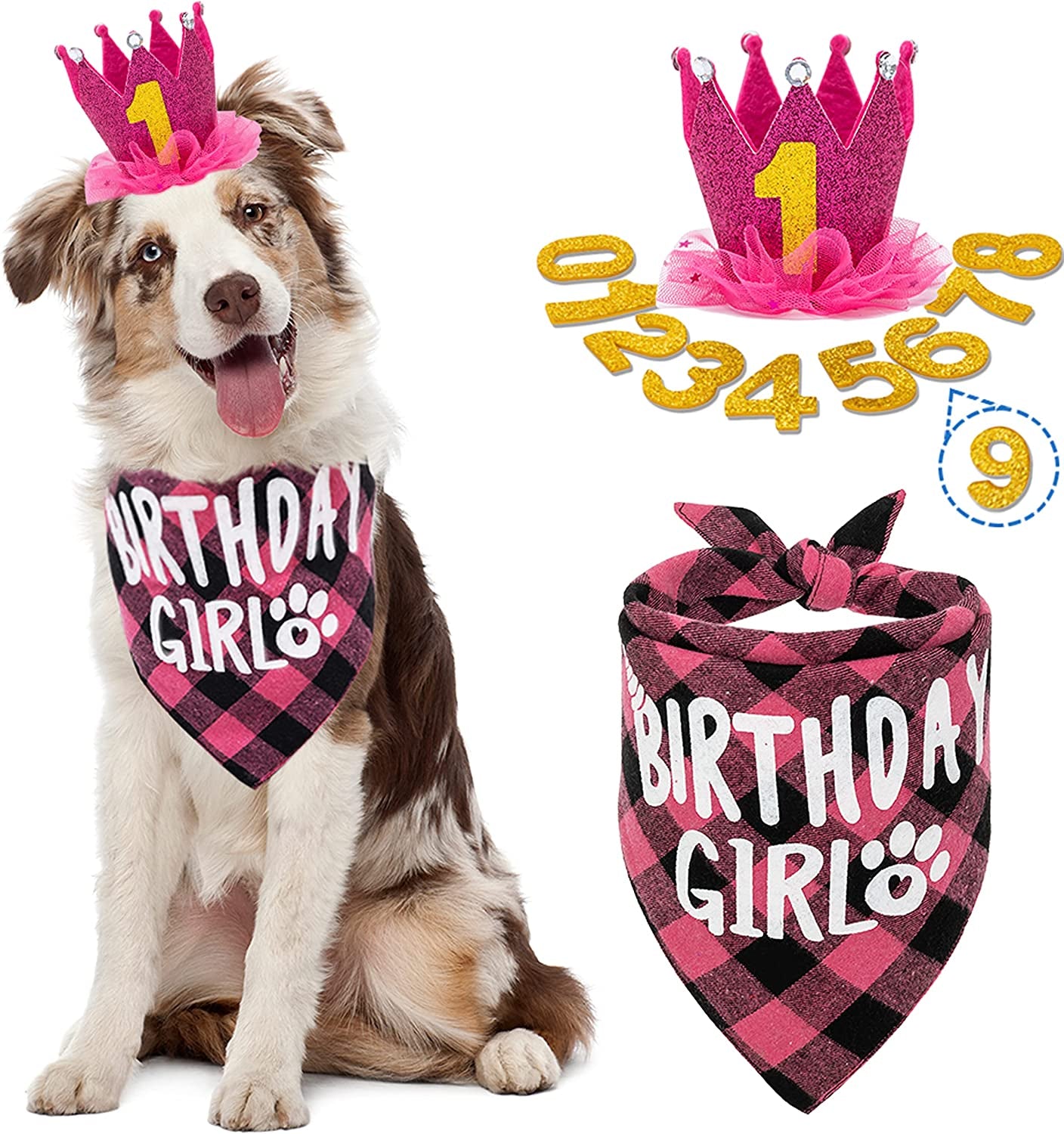 FLYSTAR Dog Birthday Bandana with Hat and Number - Plaid Cute Doggy Bandana for Small Medium Large Dogs Boy- Blue Triangle Scarf Bibis Party Dog Outfits Animals & Pet Supplies > Pet Supplies > Dog Supplies > Dog Apparel FLYSTAR Pink  