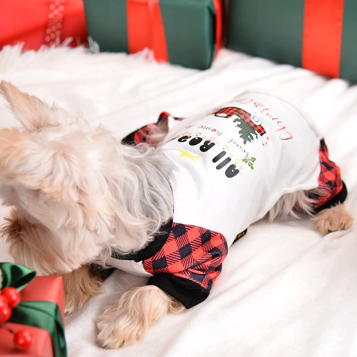 Yikeyo Christmas Dog Pajamas Dog Onesie Dog Pjs Super Soft Dog Christmas Jammies Pet Clothes with Buffalo Plaid Sleeve, Truck Tree Pattern Animals & Pet Supplies > Pet Supplies > Dog Supplies > Dog Apparel Yikeyo   