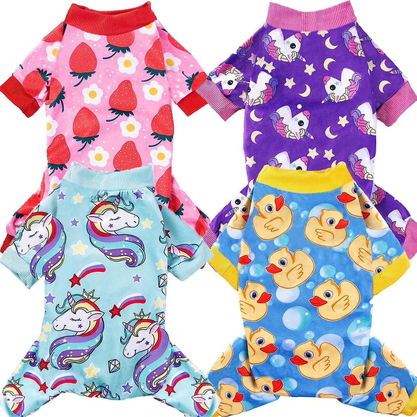 XPUDAC 4 Piece Dog Pajamas for Small Dogs Pjs Clothes Puppy Onesies Outfits for Doggie Christmas Shirts Sleeper for Pet Cats Jammies Animals & Pet Supplies > Pet Supplies > Dog Supplies > Dog Apparel XPUDAC Duck, Strawberry, 2 Unicorn XX-Large(26-35 lbs) 