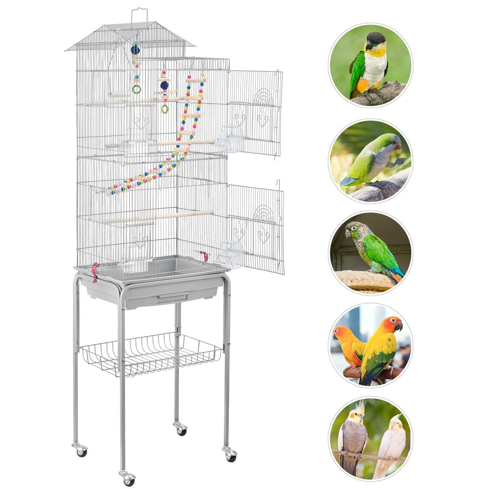 Topeakmart 62.5''H Rolling Metal Bird Cage Large Parrot Cage with with Detachable Stand & Toys, Light Gray Animals & Pet Supplies > Pet Supplies > Bird Supplies > Bird Cages & Stands Topeakmart   