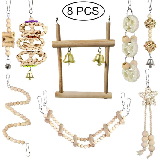 Parrot Wood Toys 8 Pieces Set Including Swing Ladder Wood Perch Chew Toys with Bells for Bird Cage Easy to Install Animals & Pet Supplies > Pet Supplies > Bird Supplies > Bird Ladders & Perches YMILEMY   