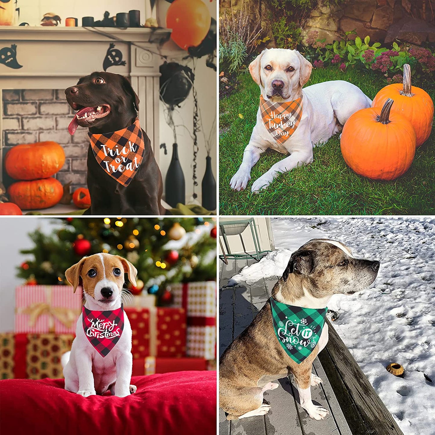 ADOGGYGO 4 Pack Plaid Holiday Dog Bandana, Halloween Thanksgivng Christmas Dog Bandana Scarf Kerchief Christmas Thanksgivng Halloween Bandana for Small Medium Large Dogs (Green & Red & Orange) Animals & Pet Supplies > Pet Supplies > Dog Supplies > Dog Apparel ADOGGYGO   