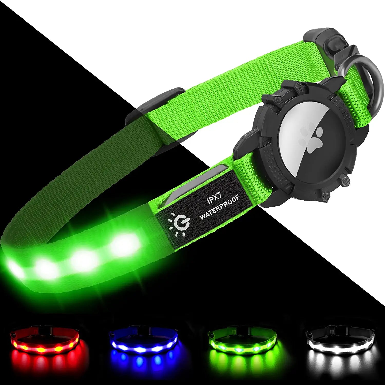 Joytale LED Airtag Dog Collar[100% IPX7 Waterproof], Light up Night Safety Pet Collars for Air Tag, USB C Rechargeable Lighted Glow Nylon Collar with Airtag Holder Case for Small Medium Large Dogs