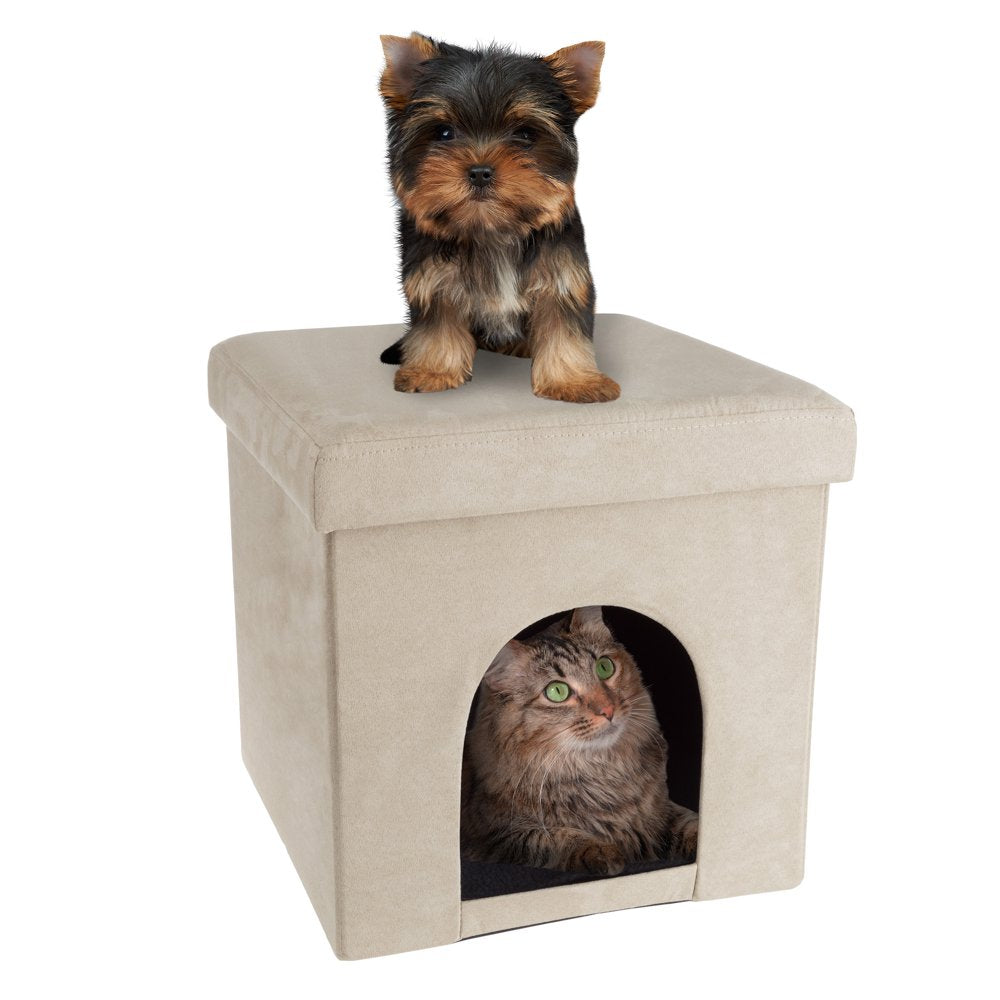 Pet House Ottoman - Collapsible Multipurpose Small Dog or Cat Bed Cube and Footrest with Cushion Top and Interior Pillow by PETMAKER (Microsuede Tan) Animals & Pet Supplies > Pet Supplies > Cat Supplies > Cat Beds Trademark Global, LLC. Tan  