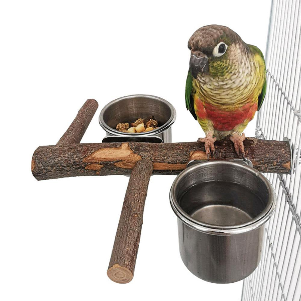 IMSHIE Bird Standing Perch with Bowls Detachable Stainless Steel Bird Feeding Cup Birds Cage Accessories Wooden Bird Stand Feeding Cage Cups for Parakeet Cockatiels Lovebirds Budgie 1Set 2 Greater