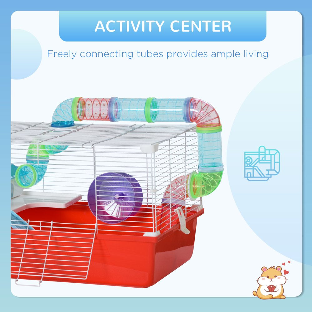 Pawhut Large Hamster Cage and Habitat, 2-Level Steel Rat Cage, Small Animal House, with Tube Tunnels, Exercise Wheel, Water Bottle, Food Dish, Hut, Ladder, Top Handle, 23" X 14" X 14", Red Animals & Pet Supplies > Pet Supplies > Small Animal Supplies > Small Animal Habitats & Cages Aosom LLC   