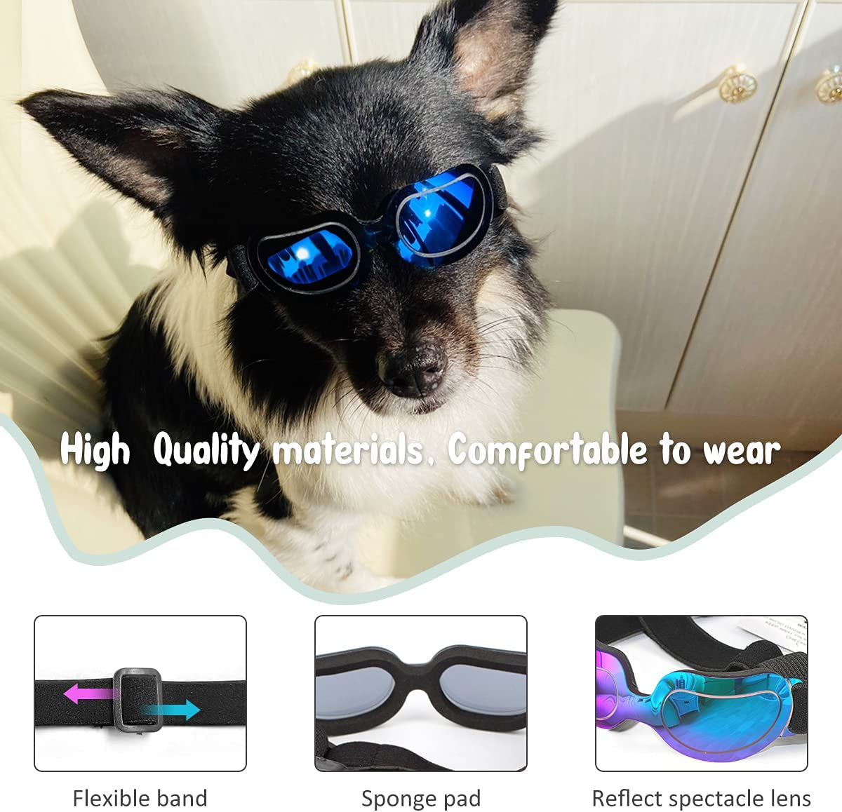 PEDOMUS Dog Sunglasses Small Dog Goggles Doggles Dog Glasses for Small Dogs Adjustable Band Blue Animals & Pet Supplies > Pet Supplies > Dog Supplies > Dog Apparel PEDOMUS   