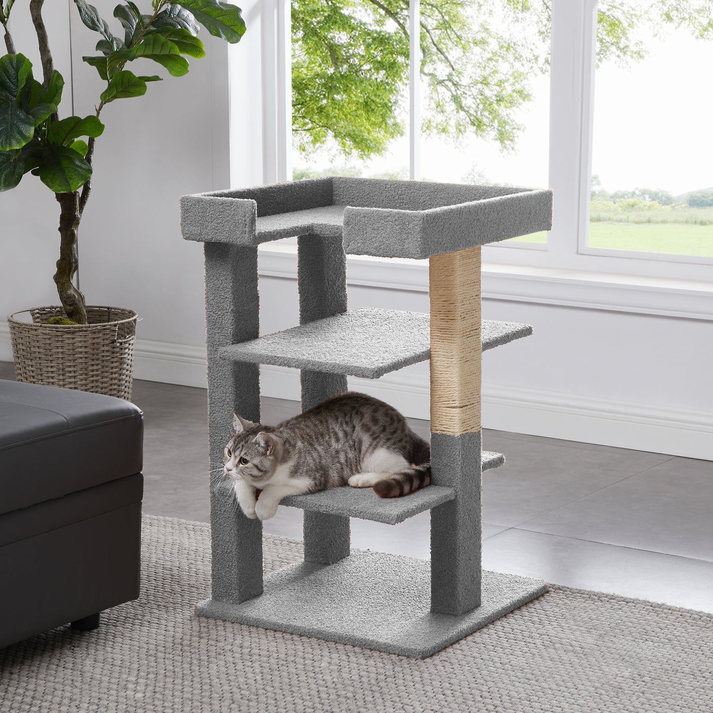Naomi Home Multi-Level Cat Scratch Tower Wooden Furniture, Cat Home for Large, Small, Little Cats-Color: Beige