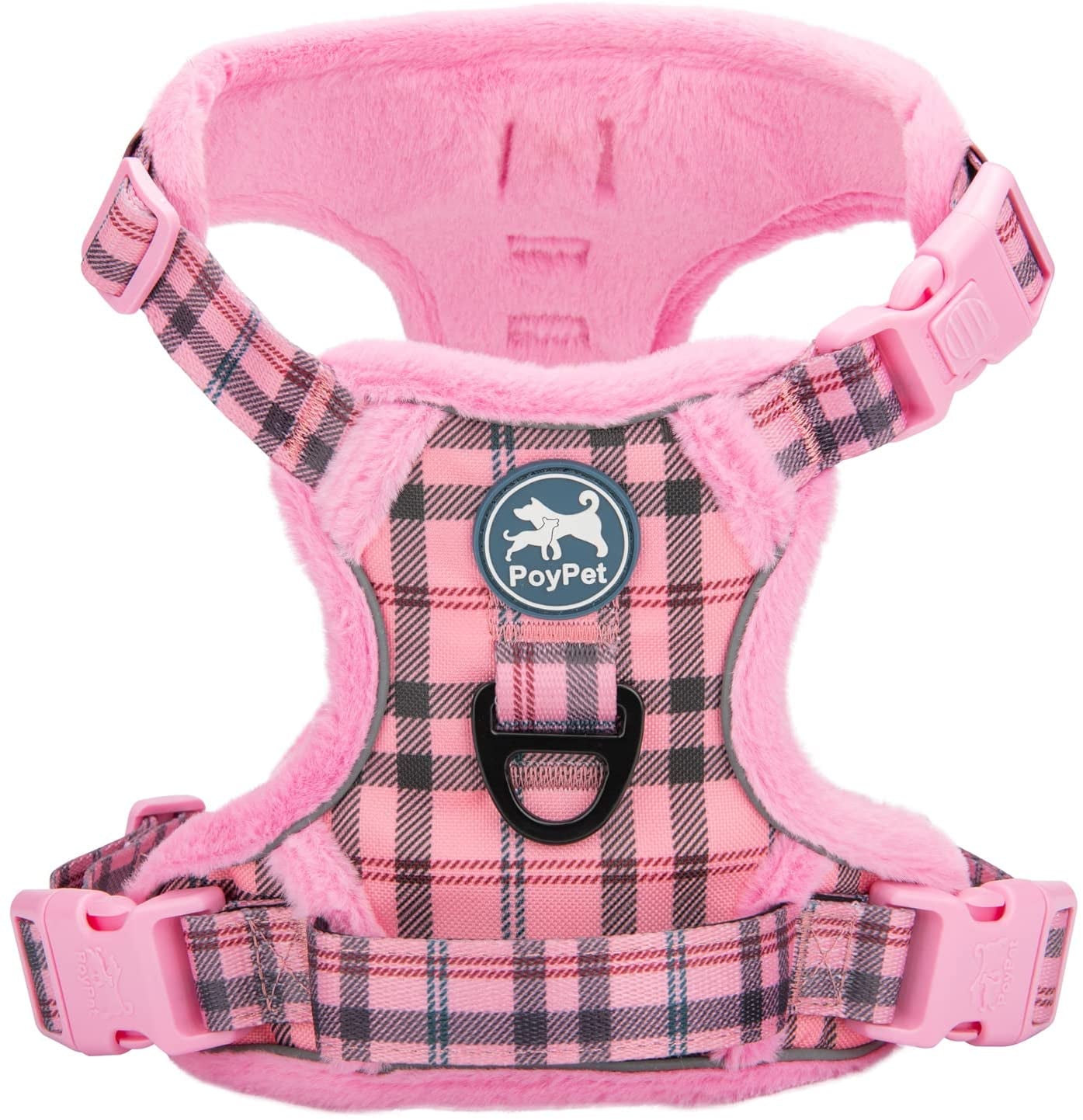 Poypet Plush Dog Harness, Soft Padded No Pull Vest Harness, Reflective Adjustable Escape Proof with Easy Control Handle for Small Medium Large Dogs(Checkered Red,L) Animals & Pet Supplies > Pet Supplies > Dog Supplies > Dog Apparel PoyPet Checkered Pink Medium 