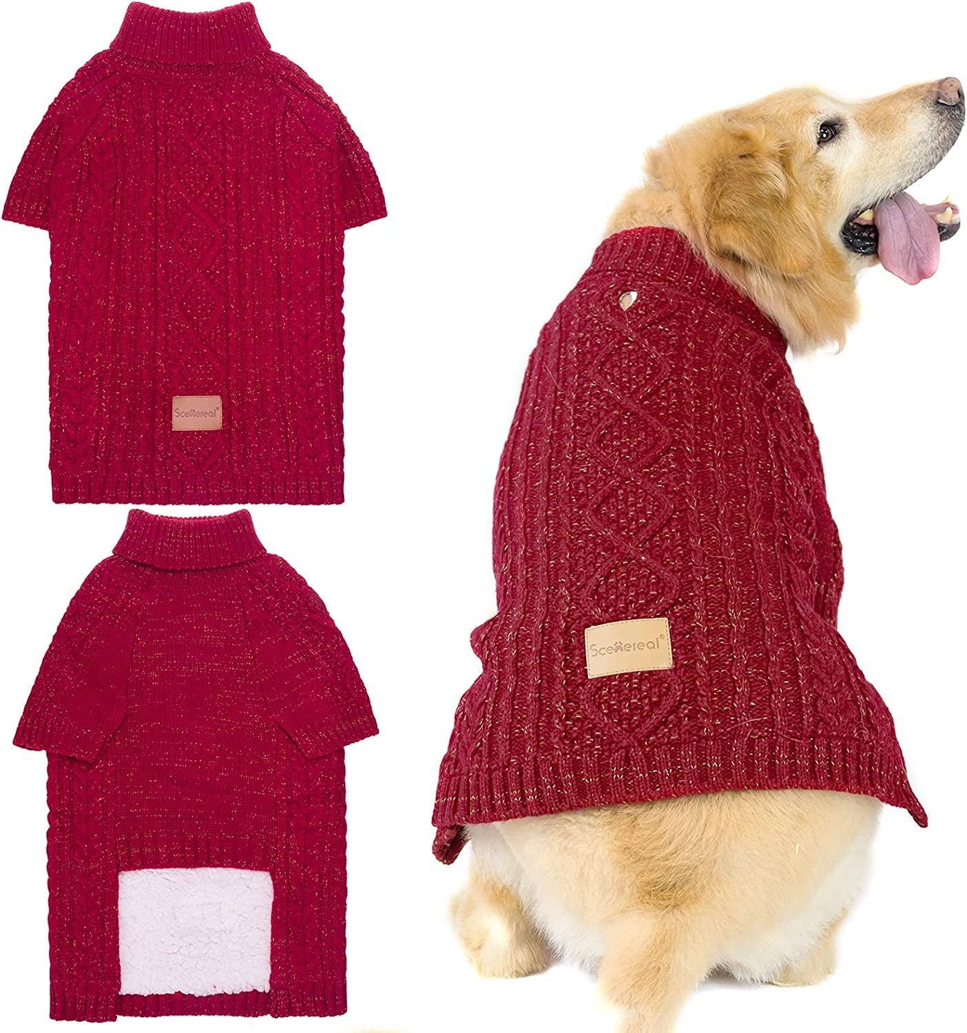 SCENEREAL Dog Sweater with Leash Hole - Cable Knit Turtleneck Dog Sweaters for Small Medium Dog Puppy - Dog Cold Weather Coats Sweatshirts for Fall Winter to Keep Warm Animals & Pet Supplies > Pet Supplies > Dog Supplies > Dog Apparel SCENEREAL Red Medium 