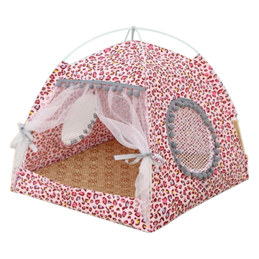 Ecosprial Pet Tent Cat Bed Cat House Bed Cat Igloo 2-In-1 Self-Warming Comfortable Triangle Cat Tent House Foldable Puppy Cat House Animals & Pet Supplies > Pet Supplies > Dog Supplies > Dog Houses ECOSPRIAL M: 14.9*14.9*15.3(in) Leopard powder 