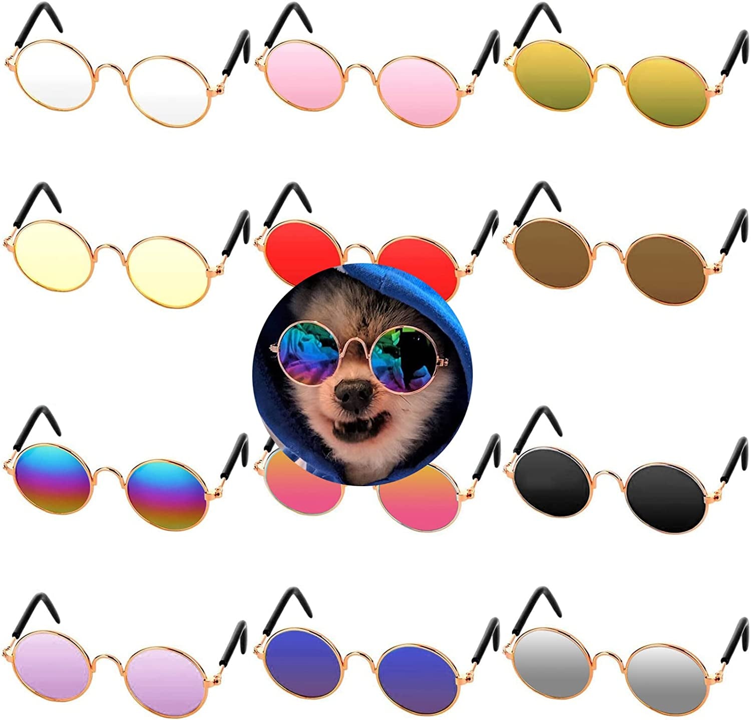 Pibupibu 12 Pieces Colorful Small Pet Cat Dog Sunglasses, round Metal Retro Party Favors Dog Glasses Cute Funny Cosplay Toys Costume Photos Props Animals & Pet Supplies > Pet Supplies > Dog Supplies > Dog Apparel HO ME Fashion Jewelry CO., LTD Large/Medium Pet  