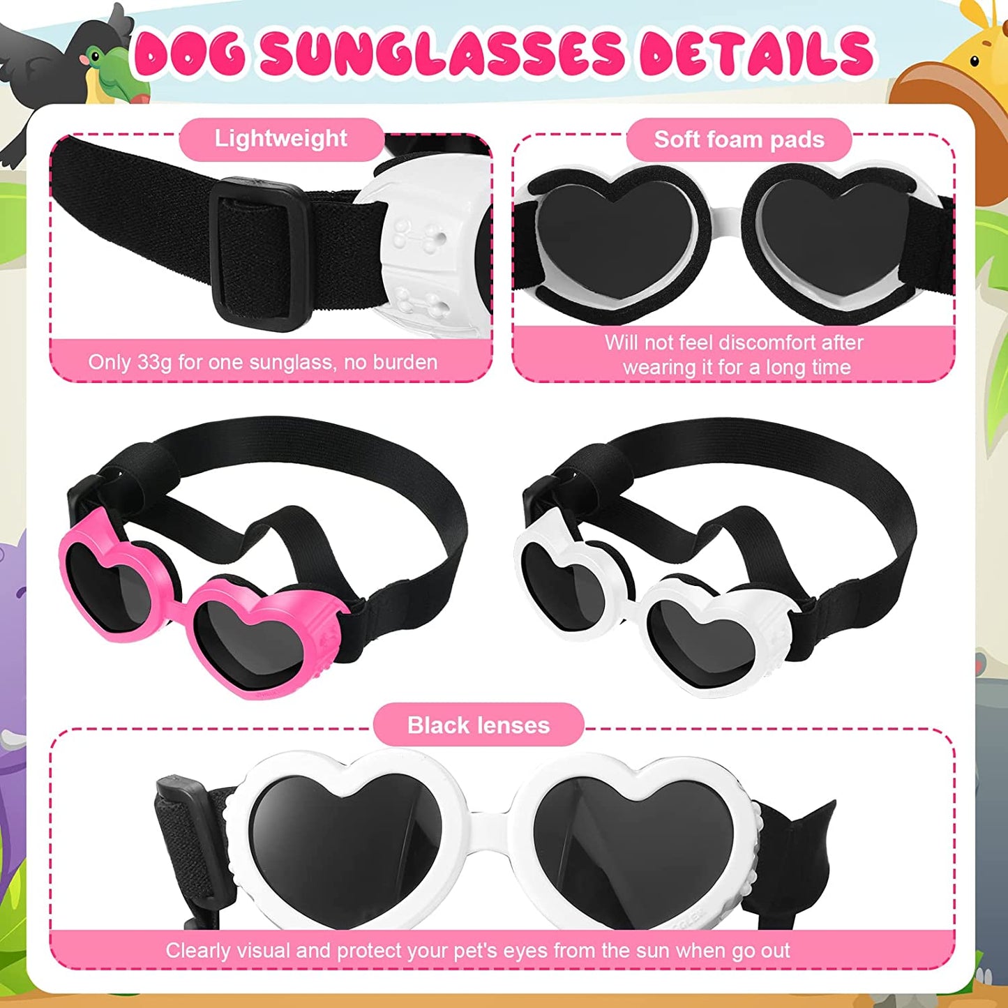 2 Pcs Small Dog Sunglasses UV Protection Goggles Waterproof Dog Goggles with Adjustable Strap Dust Protection Fog Protection Dog Glasses Heart Goggles for Dogs Doggy Pet Puppy (Pink, White) Animals & Pet Supplies > Pet Supplies > Dog Supplies > Dog Apparel Chengu   