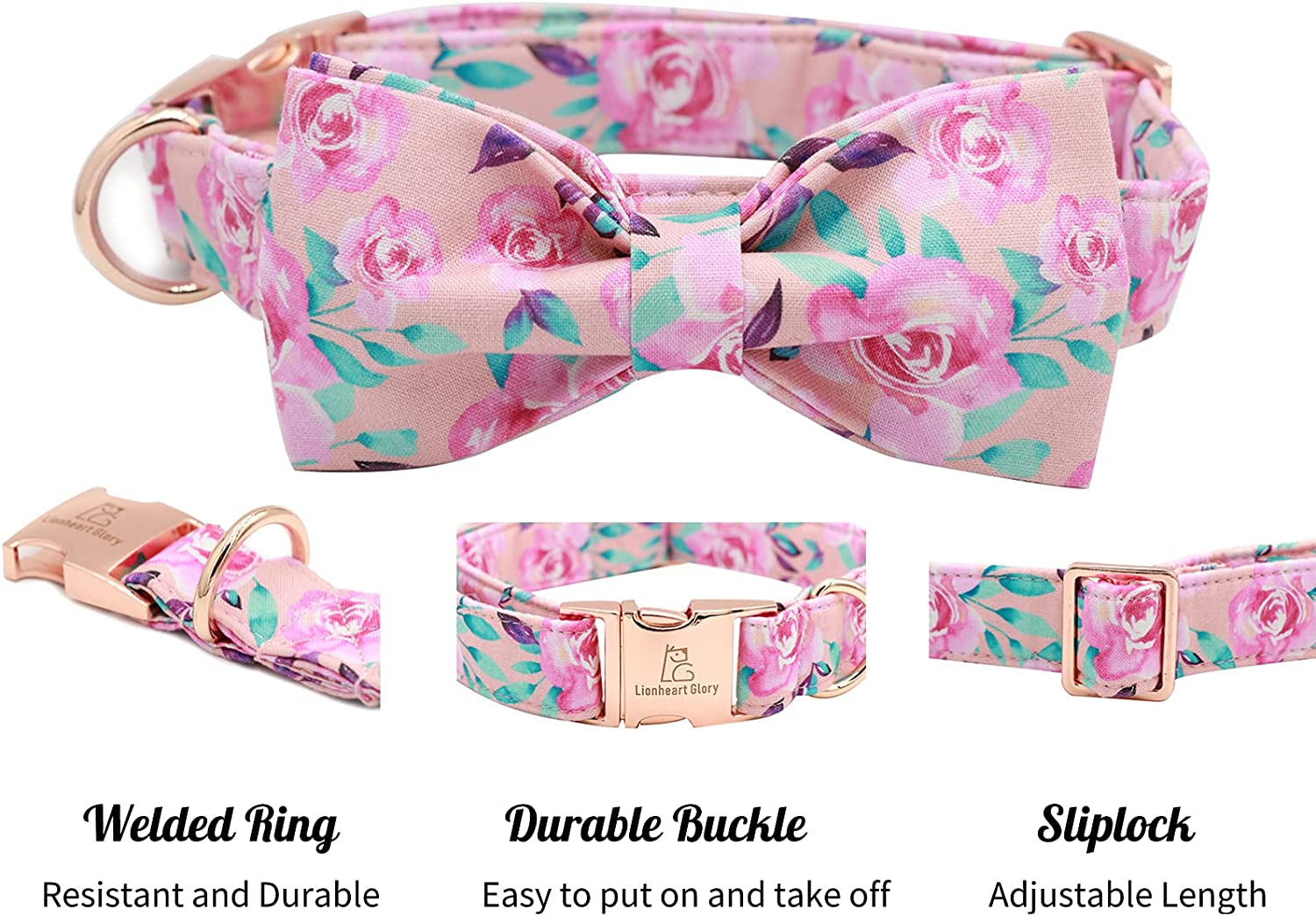 Lionheart Glory Floral Rose Print Dog Collar Adjustable Soft Dog Collar with Bowtie, Girl Pet Collars for X-Small Small Medium Large Dogs Animals & Pet Supplies > Pet Supplies > Dog Supplies > Dog Apparel Lionheart glory   