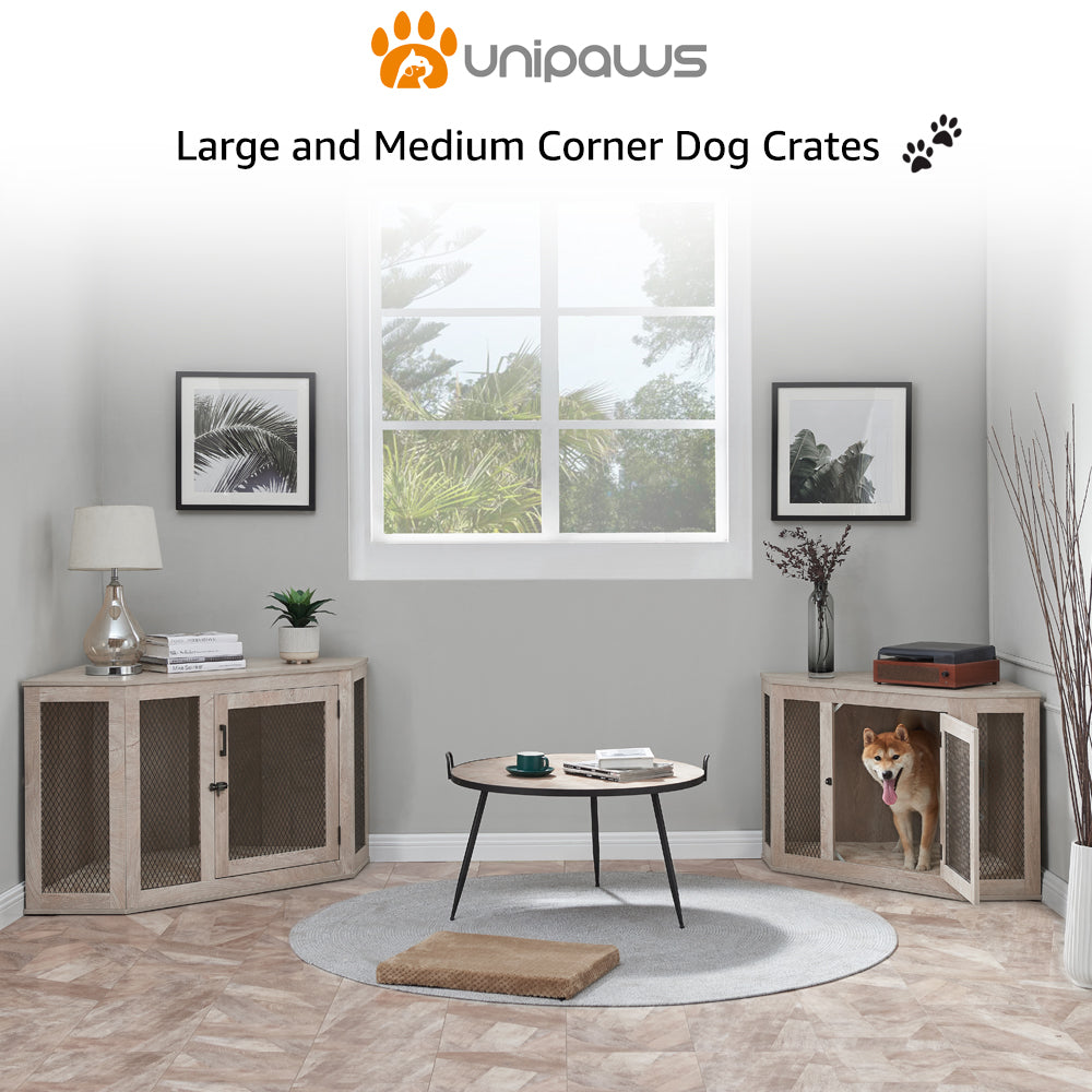 Unipaws Dog House Corner Furniture Style Dog Crate,Corner Space Dog Kennel Wooden Decorative Medium Size