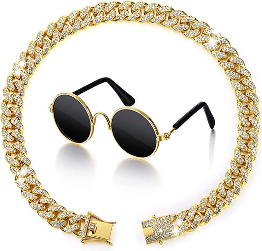 Xuniea 2 Pieces Gold Cat Dog Chain Collar and Sunglasses Set Rhinestone Cuban with Design Secure Buckle Retro round Glasses for Dogs Cats Party Cosplay Costumes Funny Photo Props (16 Inch) Animals & Pet Supplies > Pet Supplies > Dog Supplies > Dog Apparel Xuniea 16 Inch  