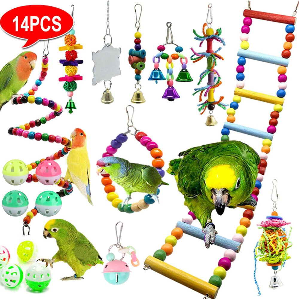Sardfxul Bird Toys 14 Pieces Set Including Swing Ladder Perch Stand Mirror Toy Chew Toys