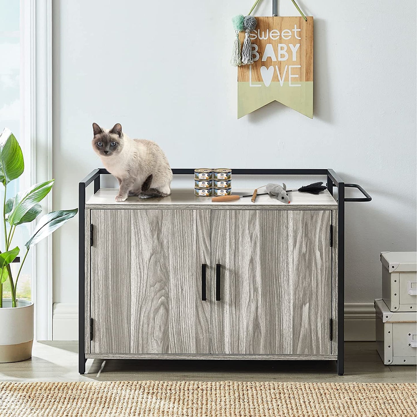 Mgaxyff Hidden Cat Litter Box Furniture with Ventilation and Bench Seat, Pet Crate with Iron and Wood Sturdy Structure