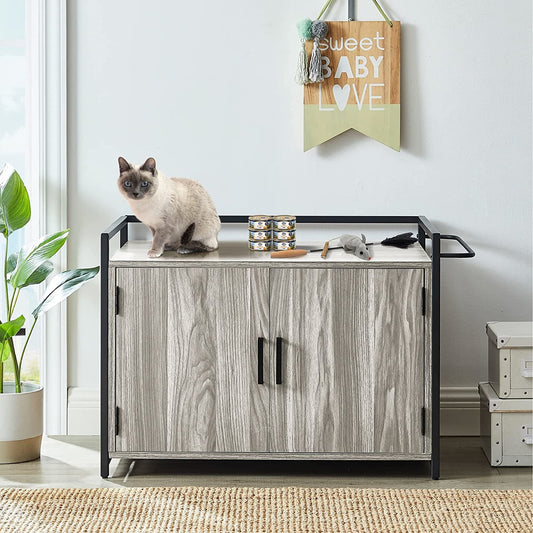 Mgaxyff Hidden Cat Litter Box Furniture with Ventilation and Bench Seat, Pet Crate with Iron and Wood Sturdy Structure Animals & Pet Supplies > Pet Supplies > Cat Supplies > Cat Furniture KOL PET Gray  