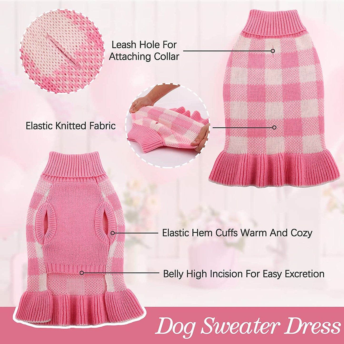 IDOMIK Dog Sweater Dress Turtleneck Doggie Plaid Sweaters, Pullover Knitted Warm Winter Dog Clothes with Leash Hole Fall Winter Warm Pet Knitwear Vest Xmas Coat for Small Medium Dogs Puppies Bulldog Animals & Pet Supplies > Pet Supplies > Dog Supplies > Dog Apparel IDOMIK   