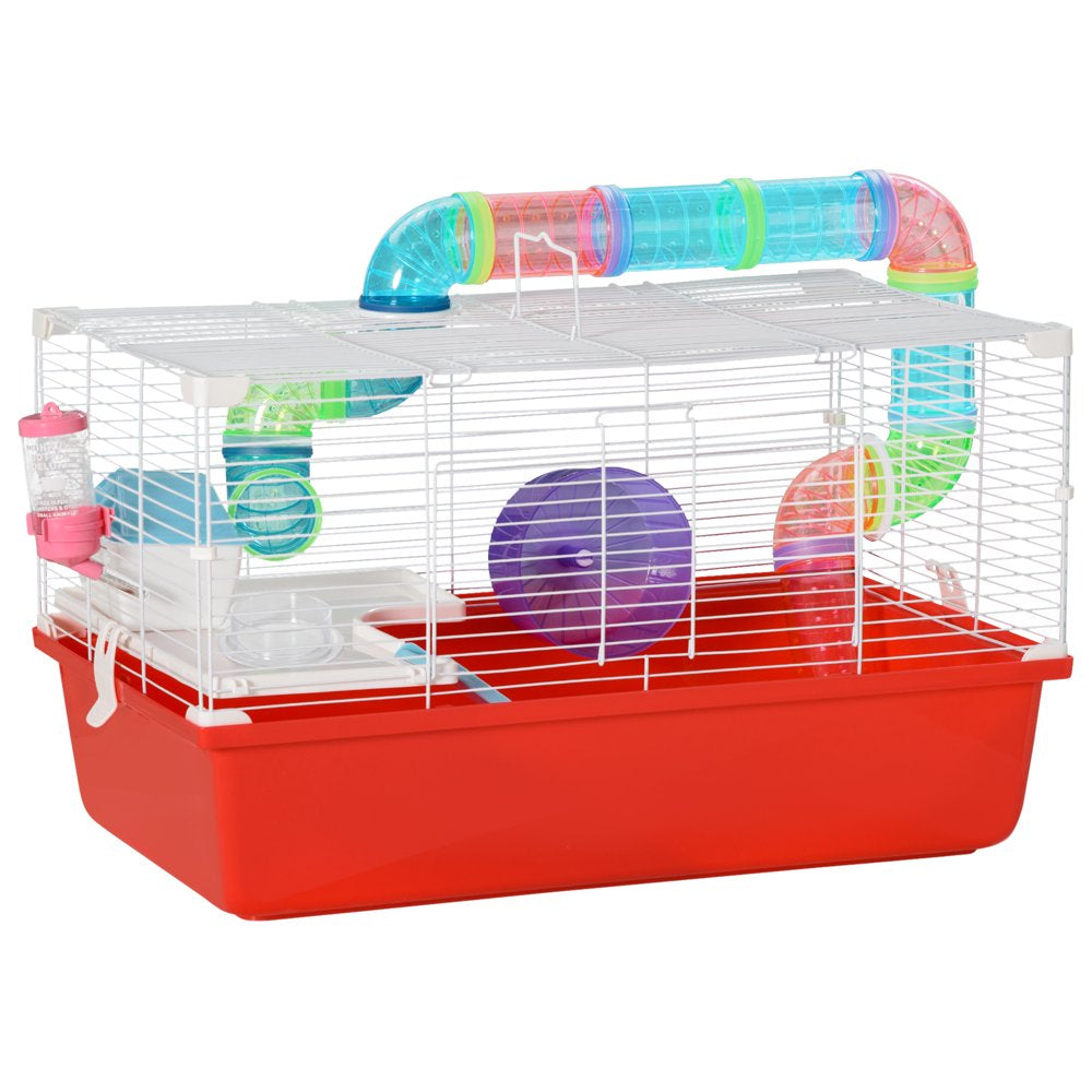 Pawhut Large Hamster Cage and Habitat, 2-Level Steel Rat Cage, Small Animal House, with Tube Tunnels, Exercise Wheel, Water Bottle, Food Dish, Hut, Ladder, Top Handle, 23" X 14" X 14", Red Animals & Pet Supplies > Pet Supplies > Small Animal Supplies > Small Animal Habitats & Cages Aosom LLC   