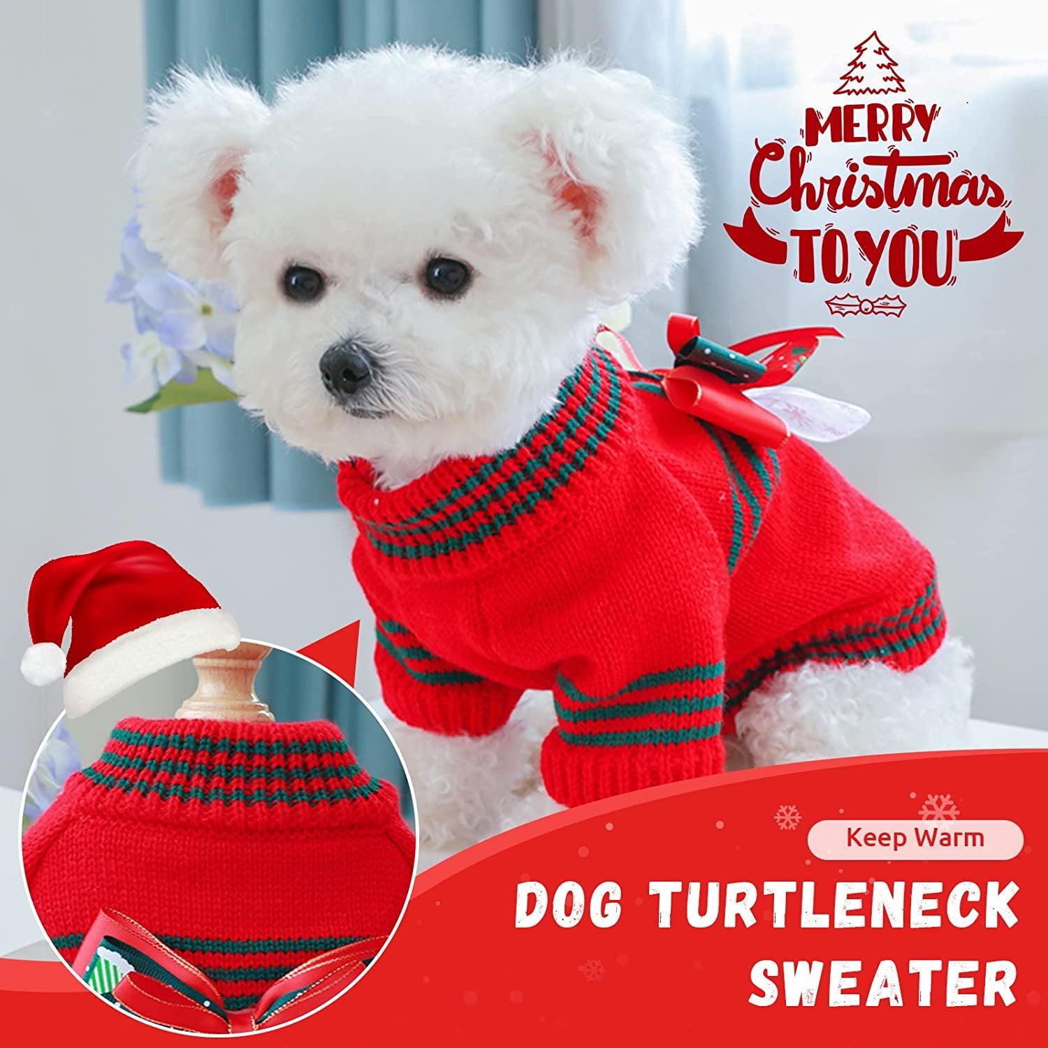 BAEJMJK Dog Christmas Sweater for Small Dogs Warm Puppy Bowknot Jumper Pet Cat Turtleneck Christmas Clothes for Fall Winter（Red,Small） Animals & Pet Supplies > Pet Supplies > Dog Supplies > Dog Apparel BAEJMJK   