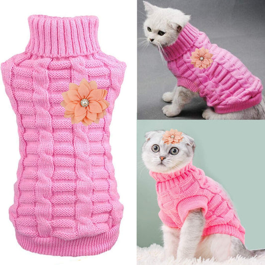 Cat Dog Sweater for Cats and Small Dogs, Warm Soft Cat Dog Turtleneck Braid Plait Knitwear with Fabric Flower Clip Decor (S, Pink) Animals & Pet Supplies > Pet Supplies > Dog Supplies > Dog Apparel Aillion Pink Medium 