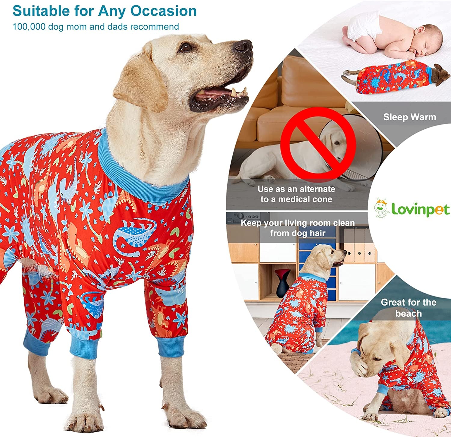 Lovinpet Pitbull Dog Pajamas, Large Dog Onesies for Surgery/Wound Care, Lightweight Stretchy Knit Fabric, Dinosaur Jungle Red Print Dog Pj'S UV Protection, Pet Anxiety Relief, Dog Costume/Xl