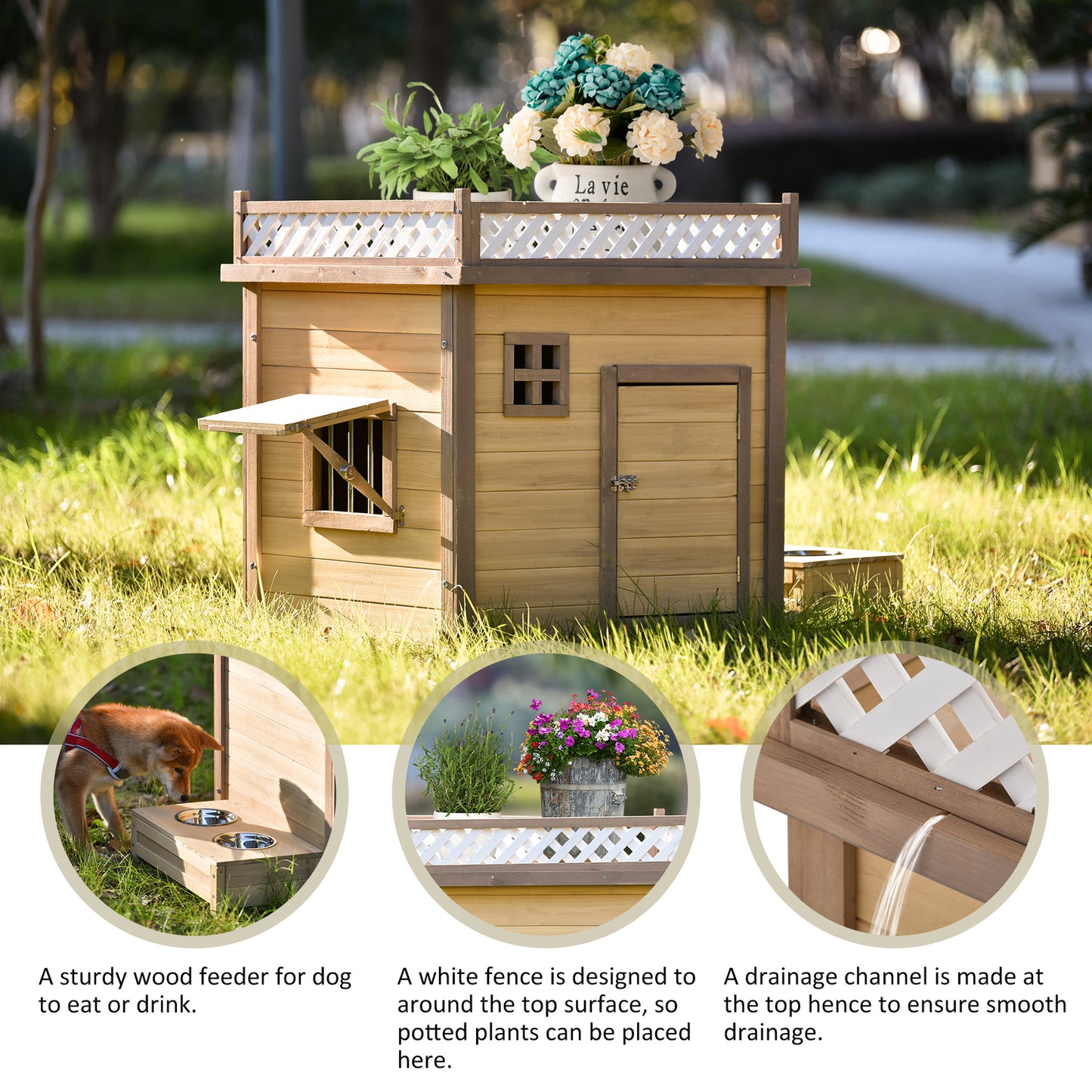 Atotoa 31.5" Wooden Dog House Puppy Shelter Kennel Outdoor & Indoor Dog Crate, with Flower Stand, Plant Stand, with Wood Feeder