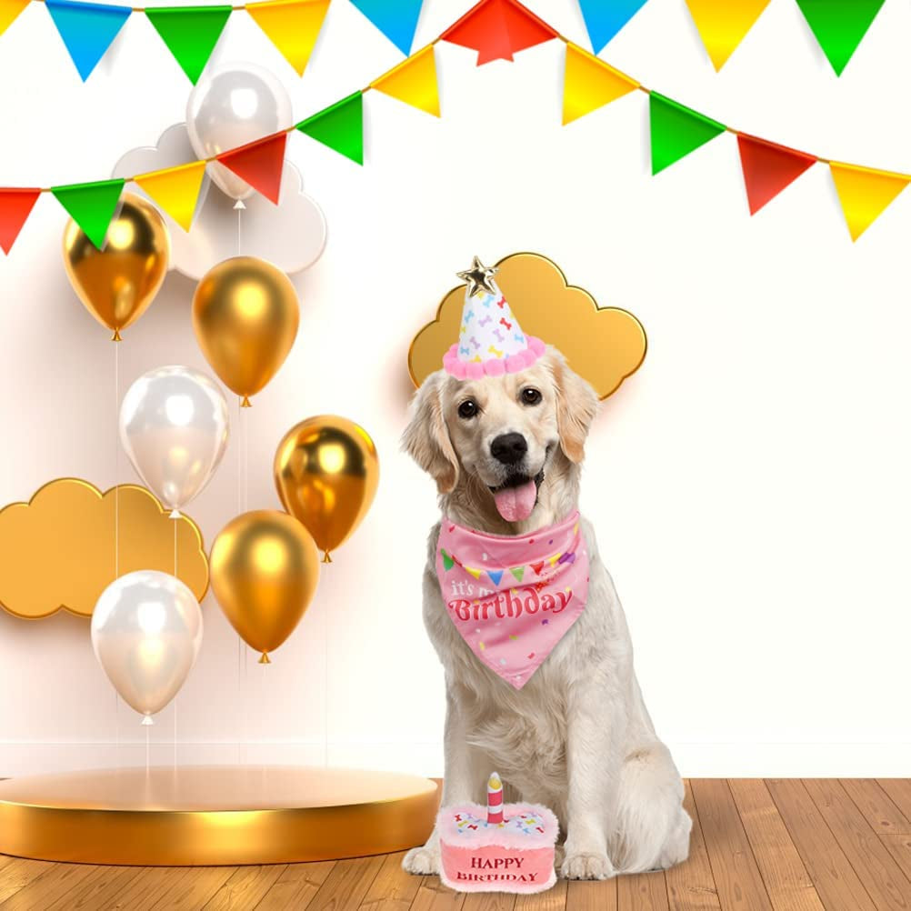 EXPAWLORER Dog Birthday Outfit - Cute Hat Bandana Scarf and Squeaky Cake Dog Toy for Birthday Party Supplies Gift, Great Party Decorations for Small Medium Large Dogs Girl Pink Animals & Pet Supplies > Pet Supplies > Dog Supplies > Dog Apparel EXPAWLORER   