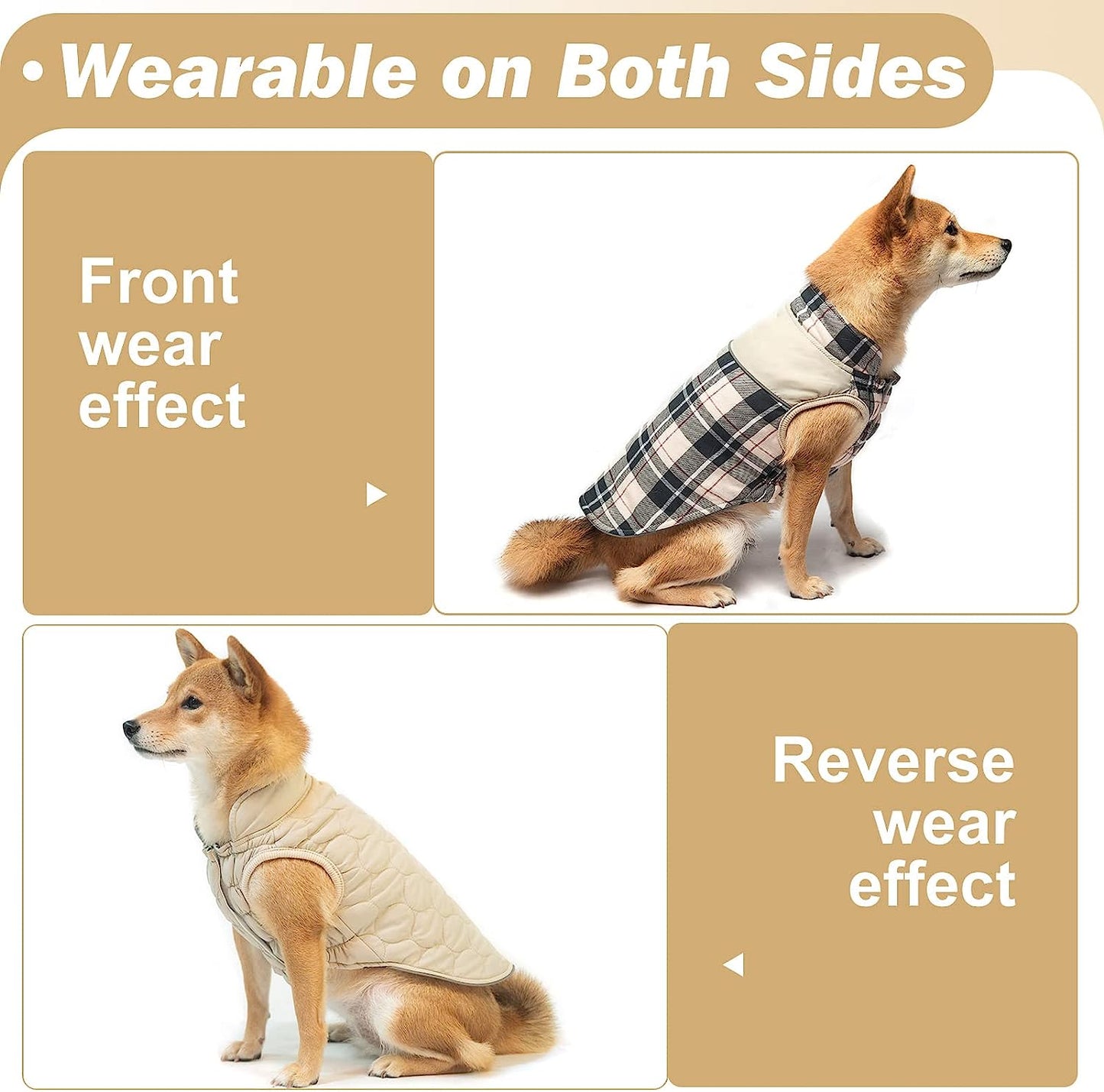 BEAUTYZOO Reflective Dog Winter Coat,Reversible British Style Plaid Dog Vest Windproof Waterproof Dog Jacket Clothes for Small Medium Large Dogs, Pet Apparel Girl or Boy Outfits, Beige L Animals & Pet Supplies > Pet Supplies > Dog Supplies > Dog Apparel BEAUTYZOO   