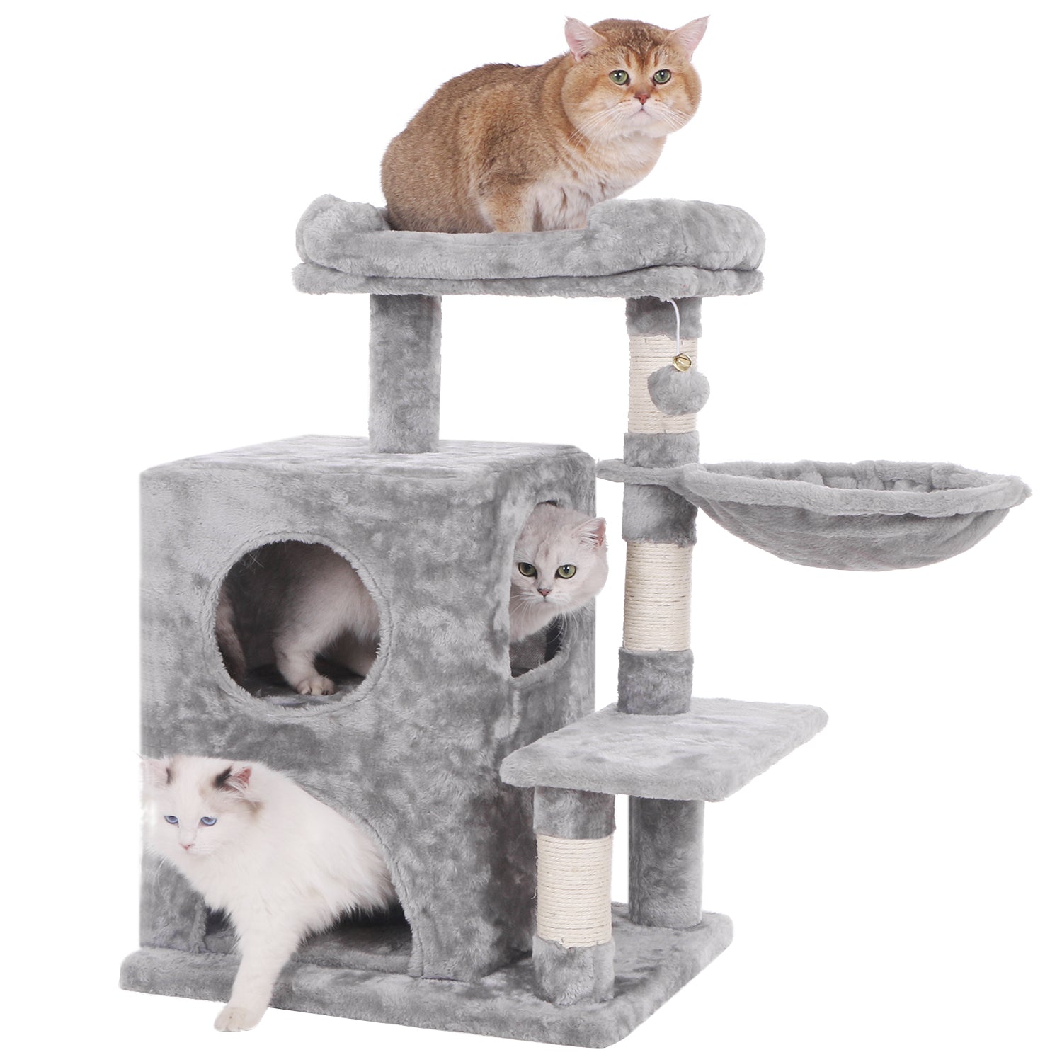 BEWISHOME Cat Tree Condo with Sisal Scratching Posts, Plush Perch, Dual Houses and Basket, Cat Tower Furniture Kitty Activity Center Kitten Play House MMJ06L Animals & Pet Supplies > Pet Supplies > Cat Supplies > Cat Furniture BEWISHOME Light Gray  