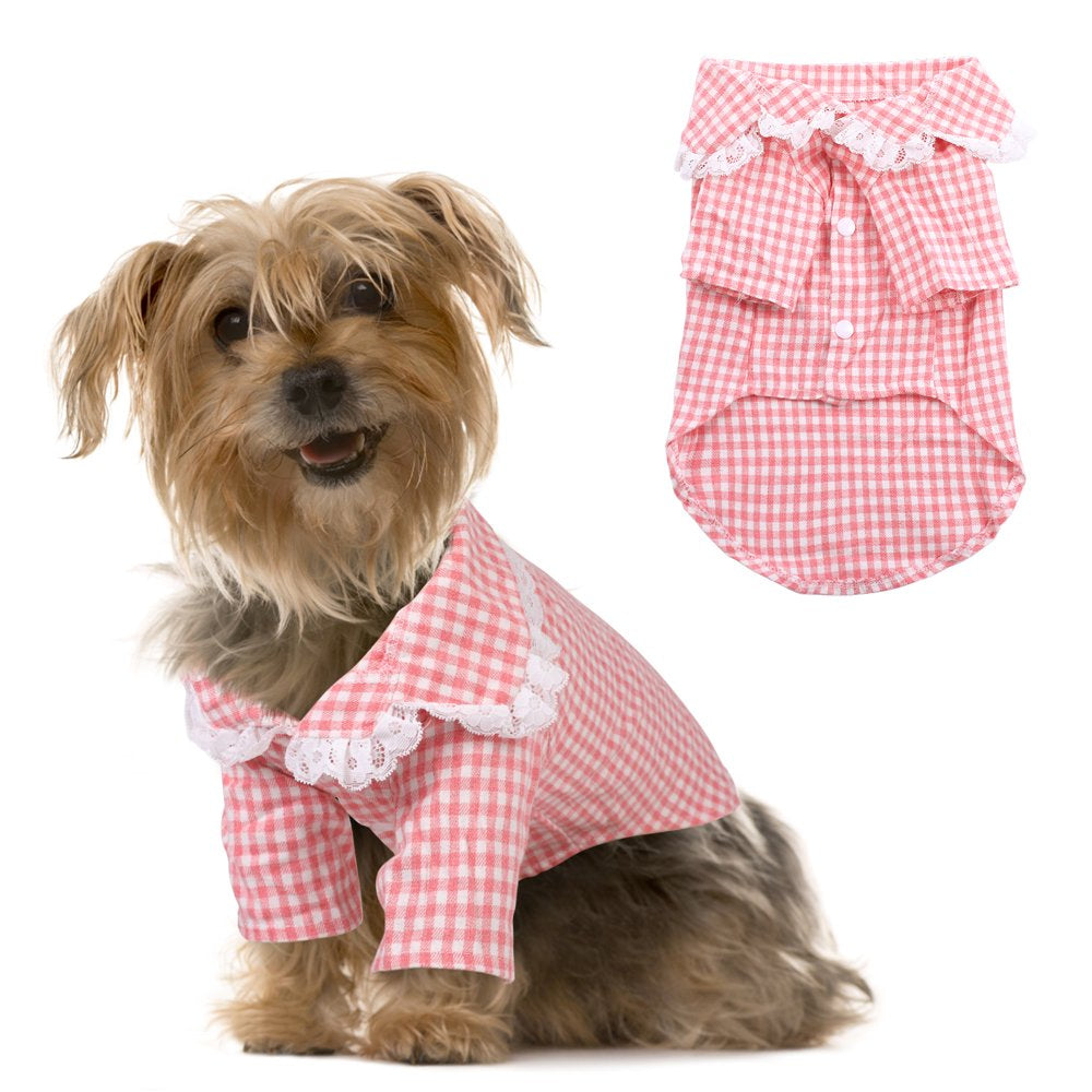BRKURLEG Dog Plaid Shirt with Lace Collar, Classic Grid Puppy Pajamas Clothes for Small Dogs Cats, Dog Polo T-Shirt Outfits, Pet Apparel