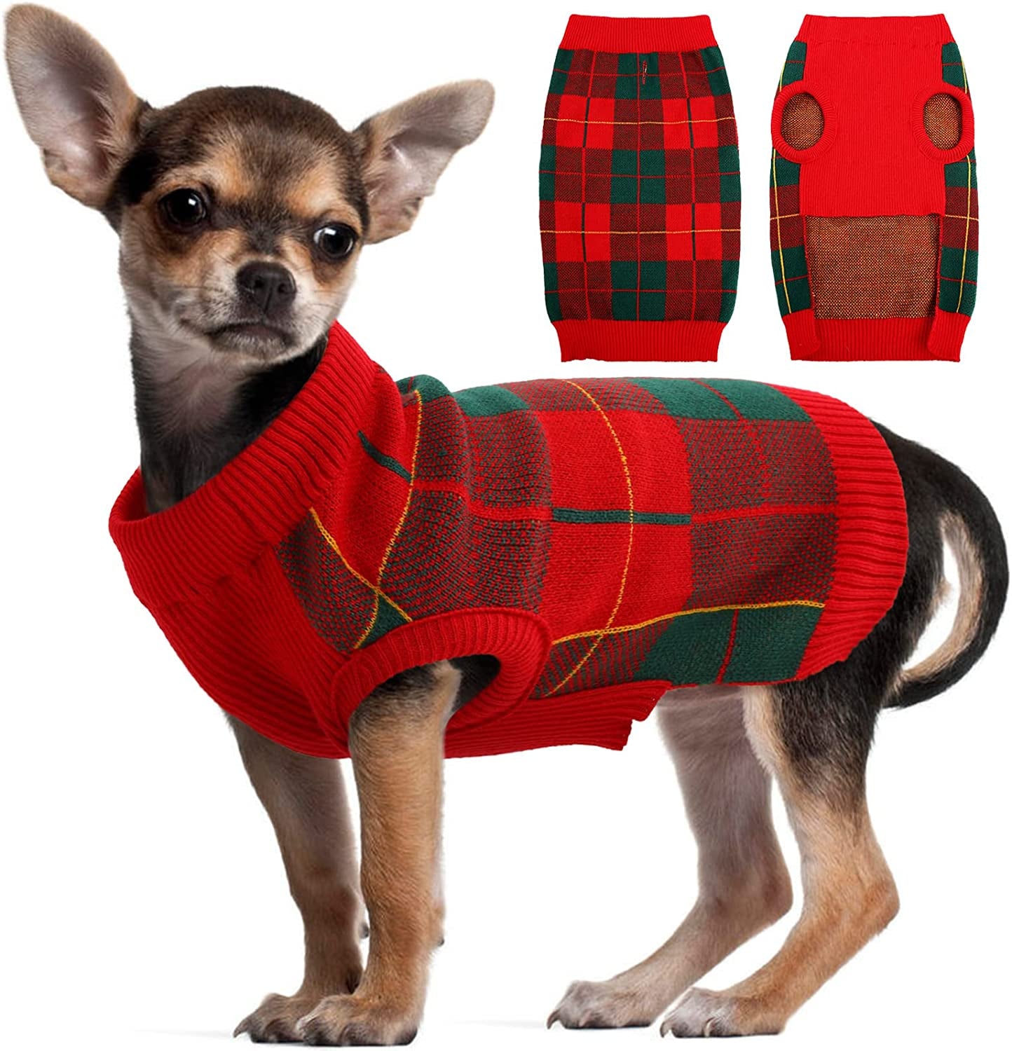 Kuoser Dog Sweater Pullover Knitwear, Dog Christmas Sweaters Classic Plaid Cable Knitted Wear, Dog Turtleneck Puppy Cold Weather Clothes for Small Medium Dogs Animals & Pet Supplies > Pet Supplies > Dog Supplies > Dog Apparel Kuoser Red+Green Large (Pack of 1) 