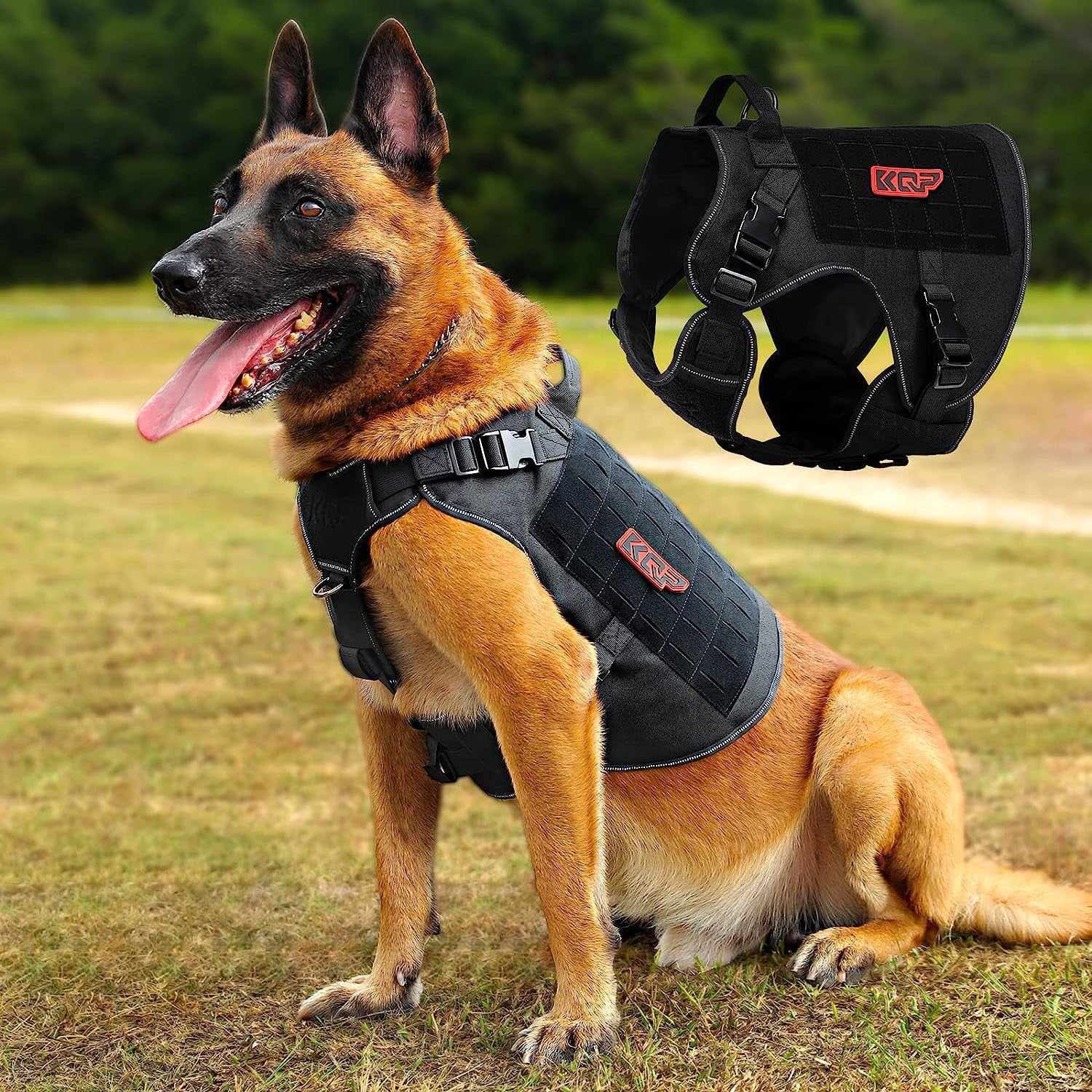 KQP Tactical Dog Harness for Large Medium Small Dogs No Pull,Military Dog Molle Vest with Hook & Loop Panels, Reflective Pet Walking Hiking Training,Black,Xl Animals & Pet Supplies > Pet Supplies > Dog Supplies > Dog Apparel KQP   