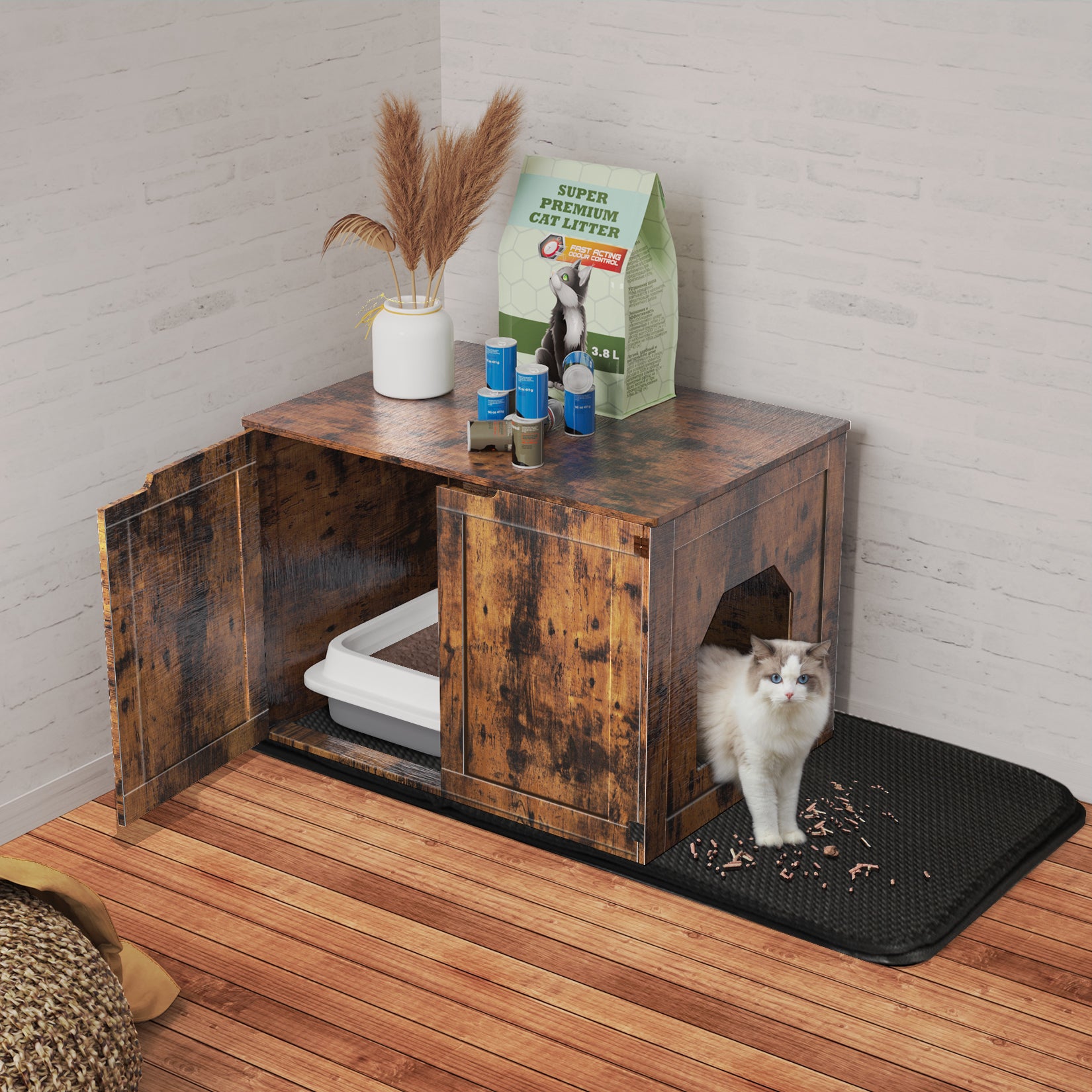 Bingopaw Wooden Cat Litter Box Enclosure Furniture with Two Door, Litter Mat Animals & Pet Supplies > Pet Supplies > Cat Supplies > Cat Furniture BingoPaw   
