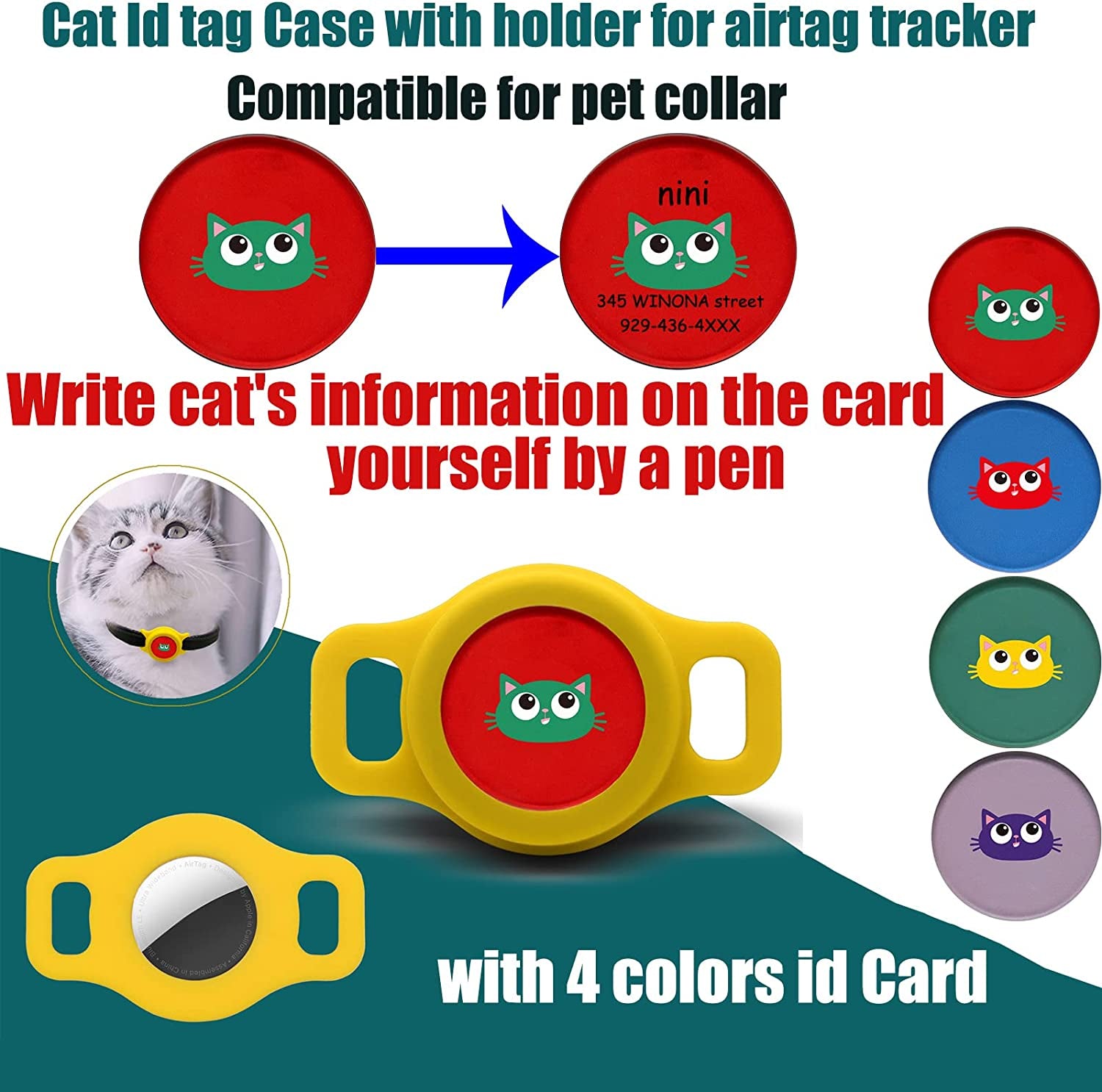 EXIEUSKJ Airtag Cat Collar Accessories Cat ID Tag, Lightweight, Handwriting and Cute Shapes, Cartoon Pet ID Tags Labels Compatible with Apple Airtag Tracker - Wine Red & Pink
