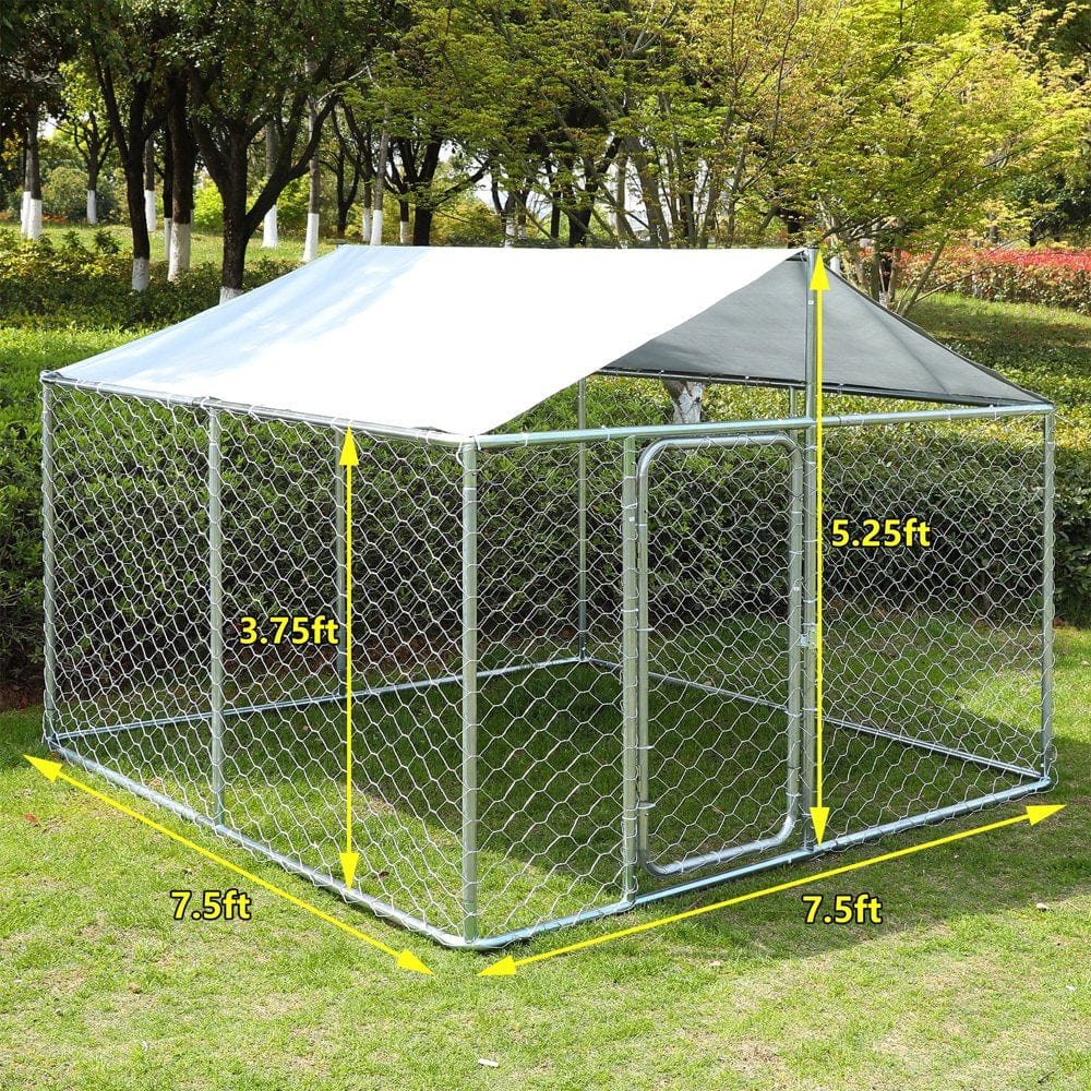 7.5 FT Outdoor Metal Dog Run House with Water Resistant Cover Roof Cage