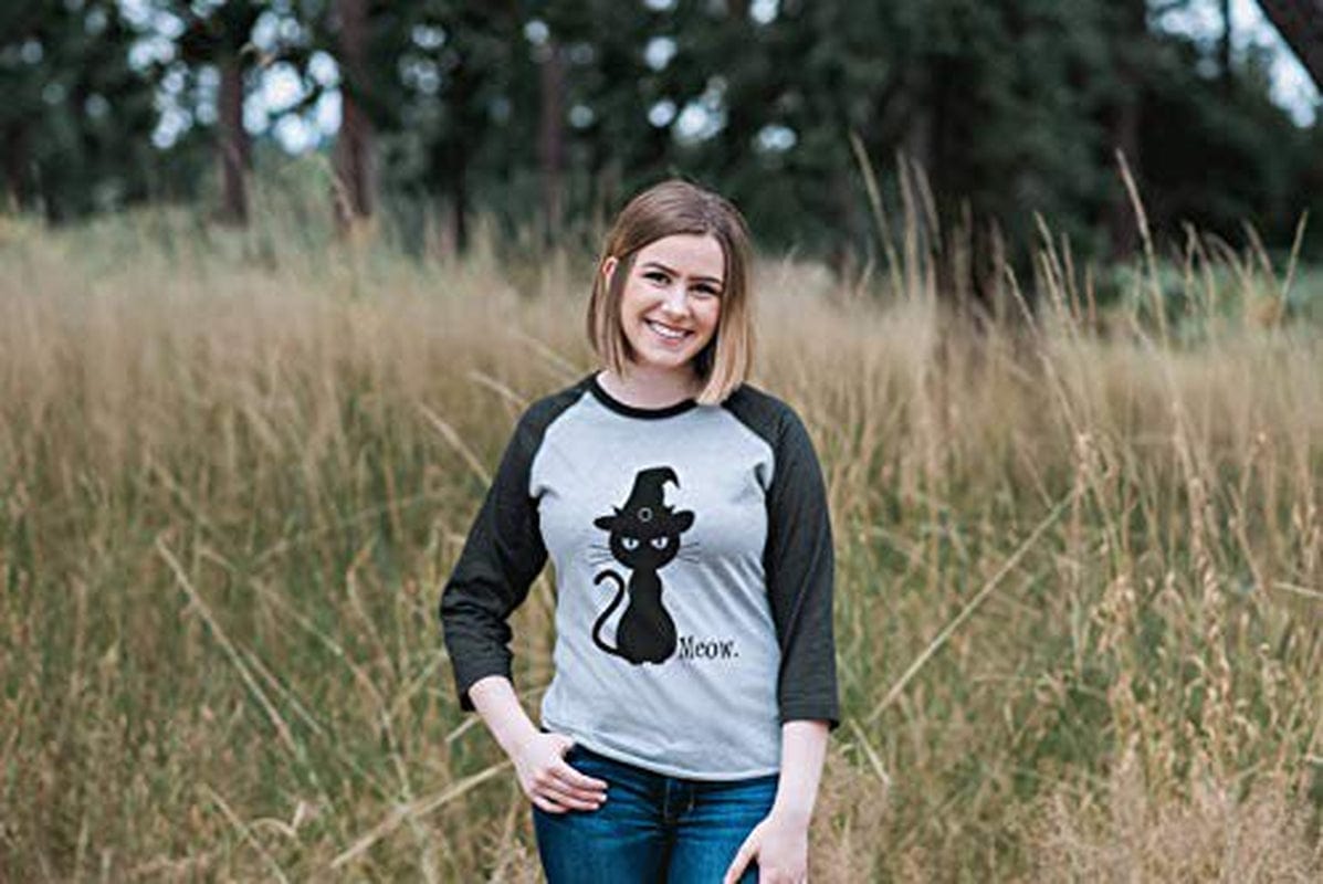 7 Ate 9 Apparel Womens Black Cat Halloween Raglan Shirt 2XL Grey Animals & Pet Supplies > Pet Supplies > Cat Supplies > Cat Apparel 7 ate 9 Apparel   
