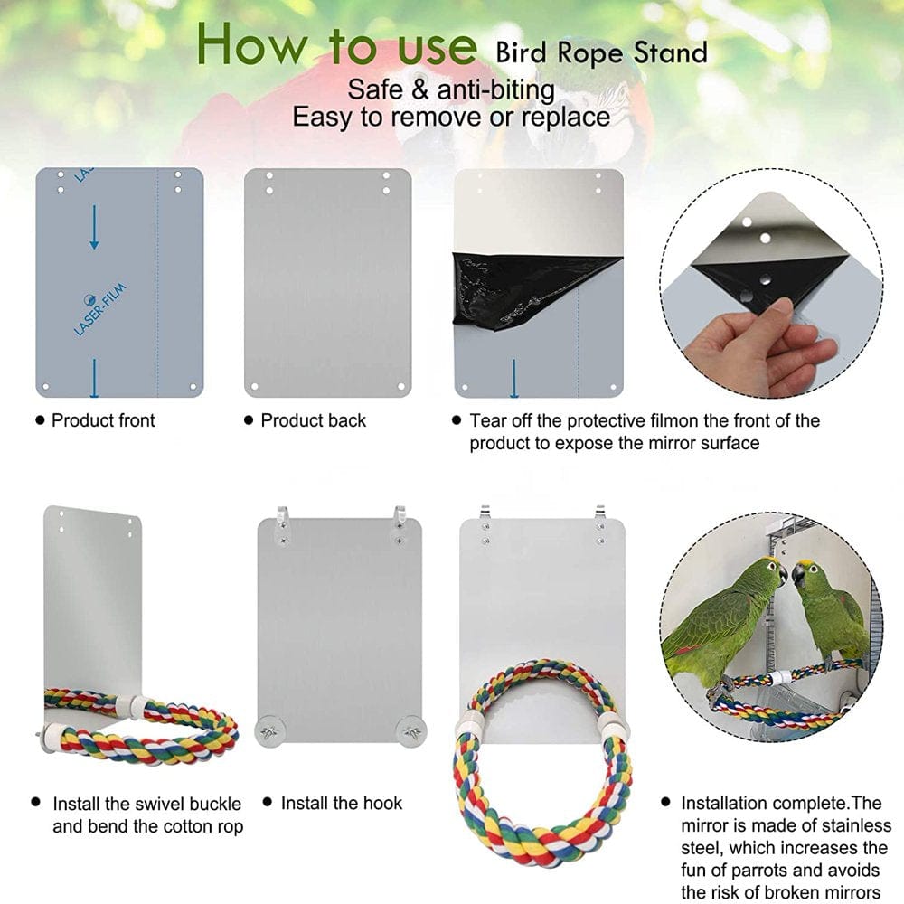 7 Inch Bird Mirror with Rope Perch Pet Bird Mirror with Bell Interactive Parrot Toy for Parrot Macaw African Greys Budgies Cockatoo Parakeet Cockatiels Conure Lovebird Cage Bells Mirror Animals & Pet Supplies > Pet Supplies > Bird Supplies > Bird Toys SurVank   
