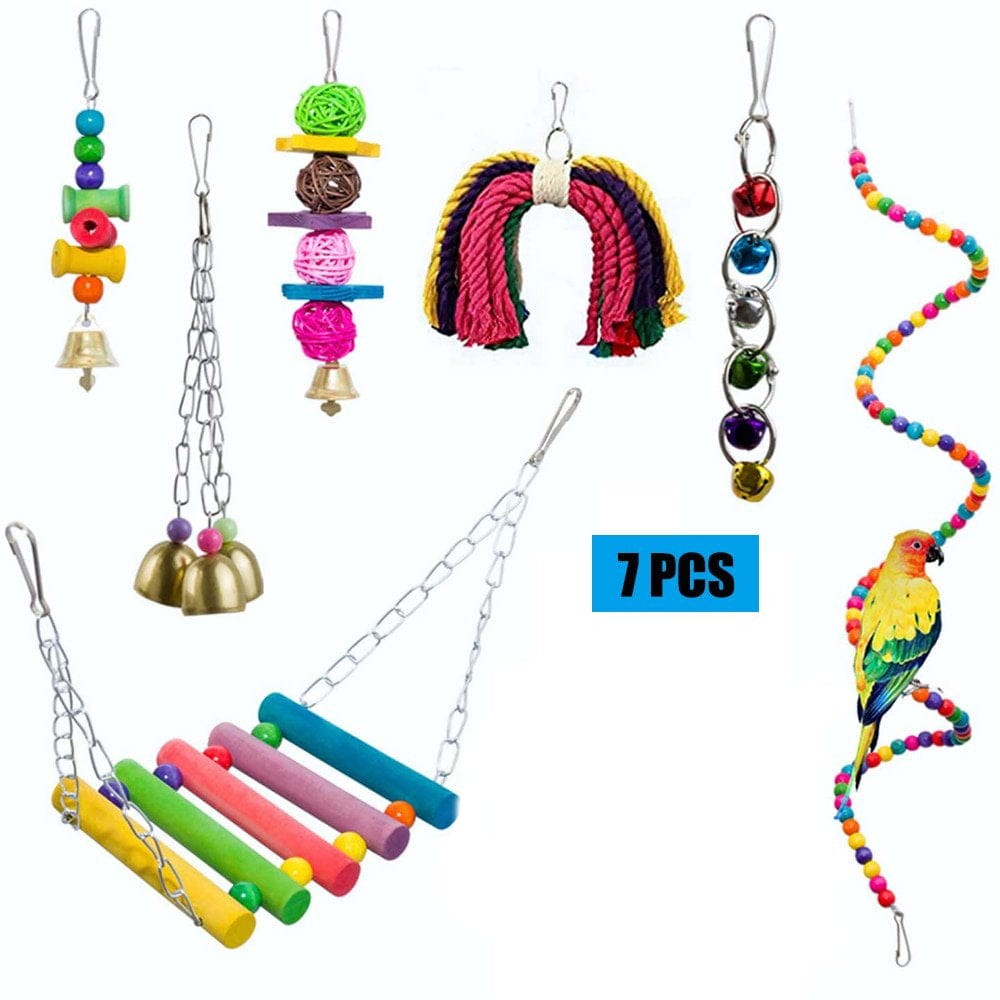 7 Pack Bird Parrot Toys Hanging Bell Pet Bird Cage Hammock Swing Chewing Hanging Toy Suitable for Small Parakeets,Cockatiels,Conures,Finches,Budgie,Macaws,Parrots,Love Birds