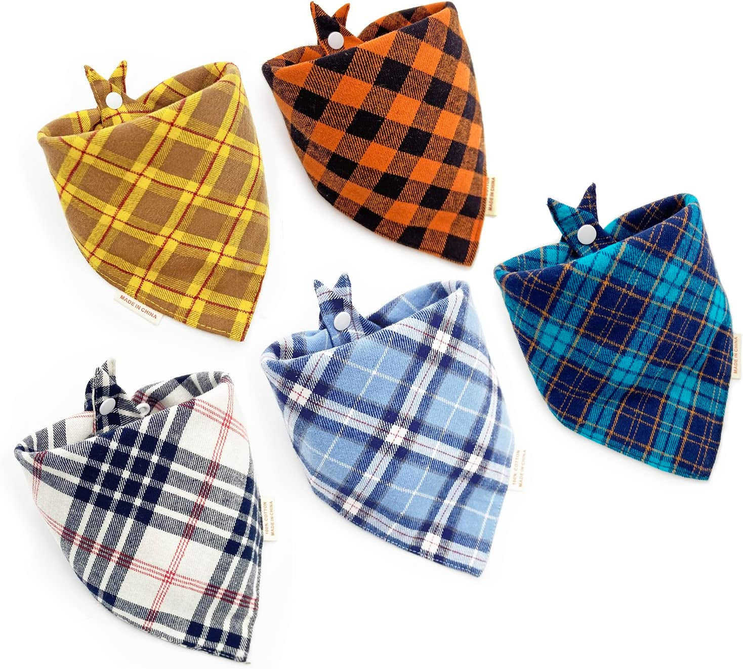 5PCS Dog Bandanas with Button - Thick Triangle Bibs Dual Layer Soft Cotton Scarves for Small Medium Boy Girl Puppy Cat Pet Baby Square Plaid Printing Washable Kerchief Halloween Costumes Outfits Animals & Pet Supplies > Pet Supplies > Dog Supplies > Dog Apparel yetshow blue-yellow-white Small 