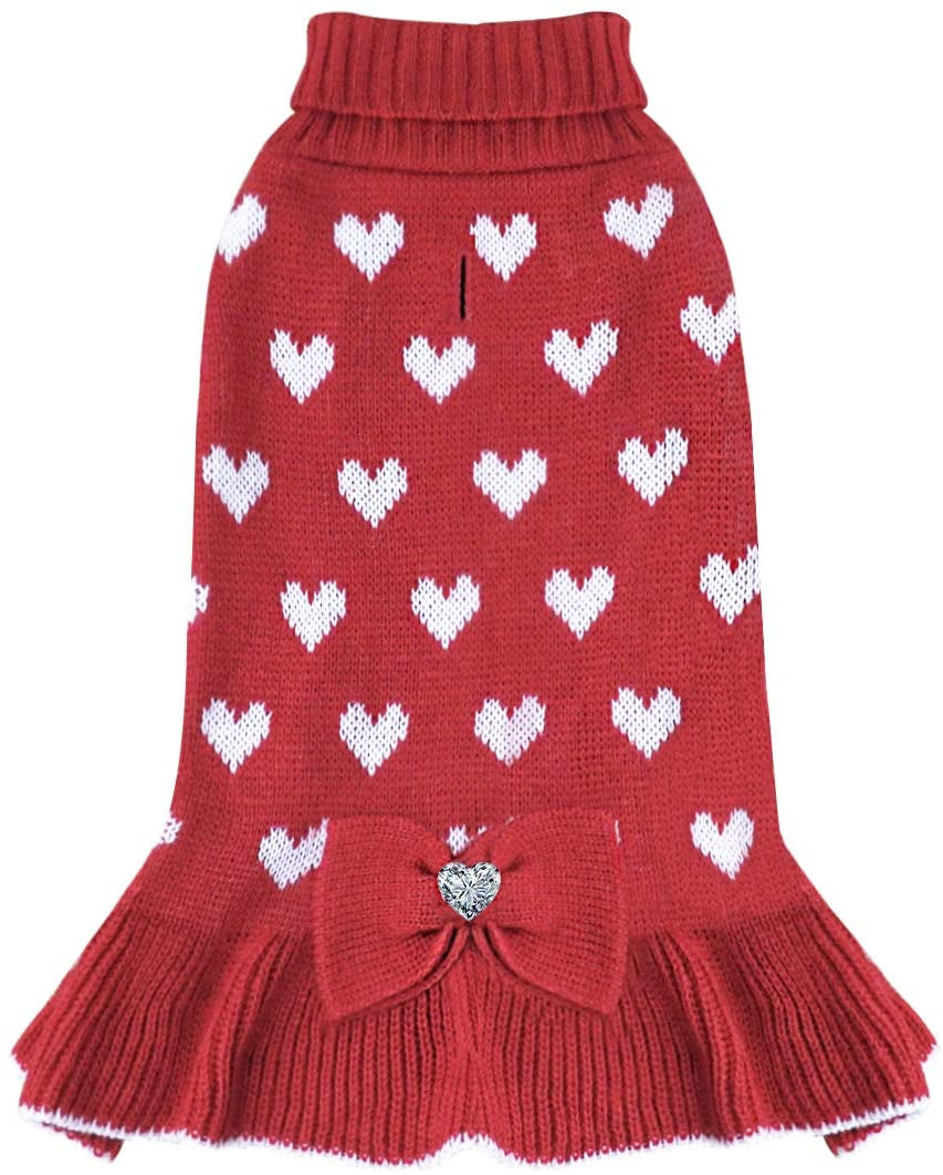 KYEESE Valentine'S Day Dog Sweater Dress with Bowtie Red Heart Small Dog Sweater with Leash Hole Turtleneck Dog Knitwear Animals & Pet Supplies > Pet Supplies > Dog Supplies > Dog Apparel kyeese 1# Valentines (Red heart) Medium (7-11lbs) 