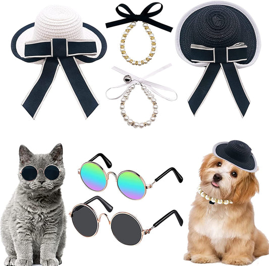 Pai Sence 2Pcs Small Dogs Straw Hat with Big Bows 2Pcs Sunglasses and 2Pcs Faux Pearl Rhinestone Adjustable Necklaces Birthday Party Grooming Sets Photo Props Animals & Pet Supplies > Pet Supplies > Dog Supplies > Dog Apparel Pai Sence   