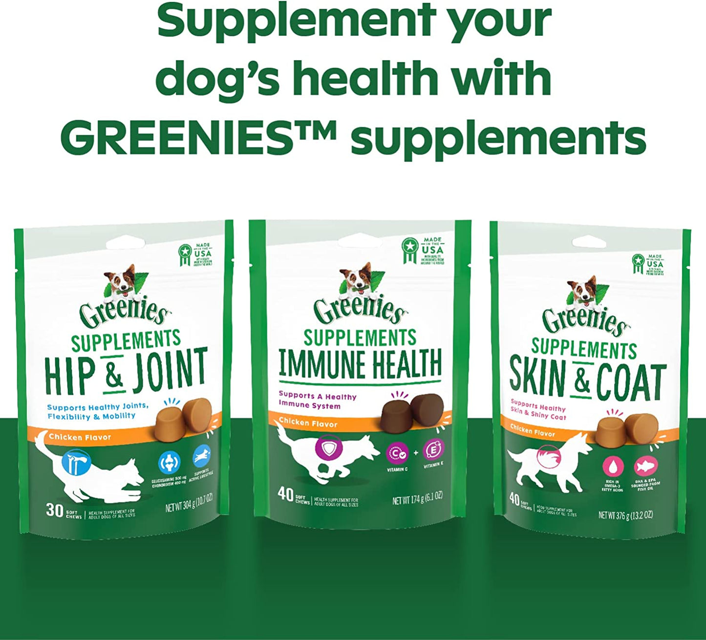 GREENIES Skin & Coat Food Supplements with Omega 3 Fatty Acids, 40-Count Chicken- Flavor Soft Chews for Adult Dogs Animals & Pet Supplies > Pet Supplies > Dog Supplies > Dog Apparel Mars Petcare   