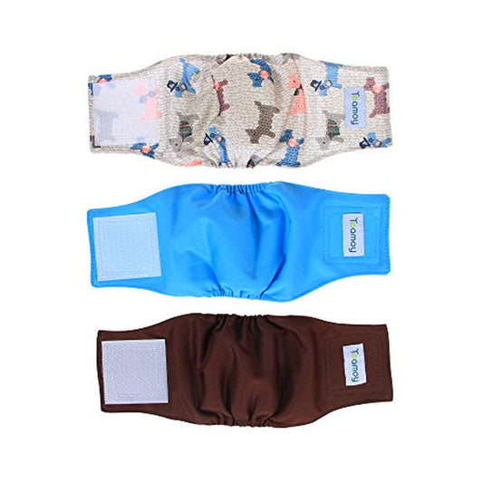 Teamoy Reusable Wrap Diapers for Male Dogs, Washable Puppy Belly Band Pack of 3 (XS, 7"-9" Waist, Light Blue+ Dogs+Coffee) Animals & Pet Supplies > Pet Supplies > Dog Supplies > Dog Diaper Pads & Liners Damero INC   