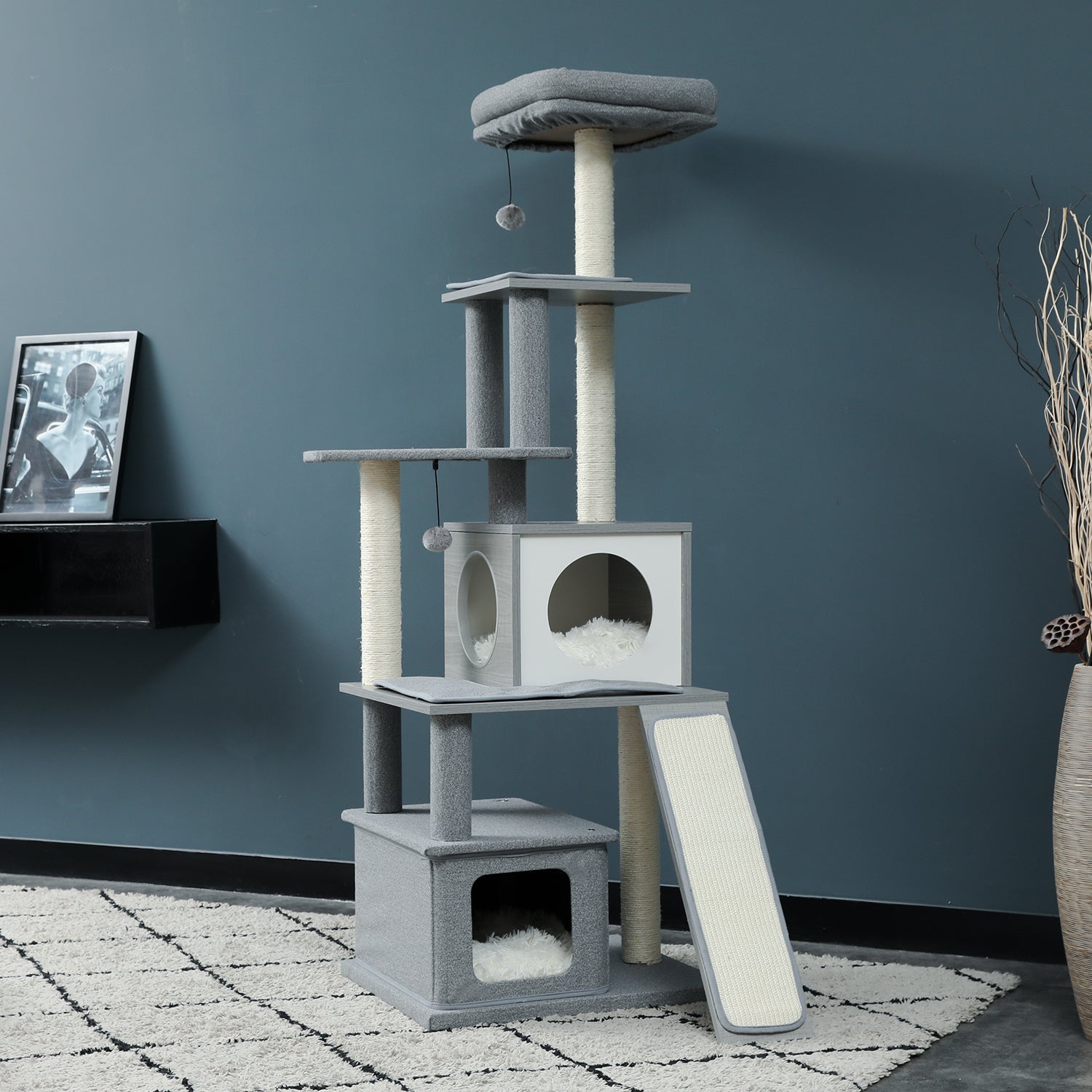 Rarewo Modern Wood Cat Tree Cats Multi Floor Large Play Tower Sisal Scratching Post Kitten Furniture Activity Centre with Condo Playhouse Dangling Toy Grey