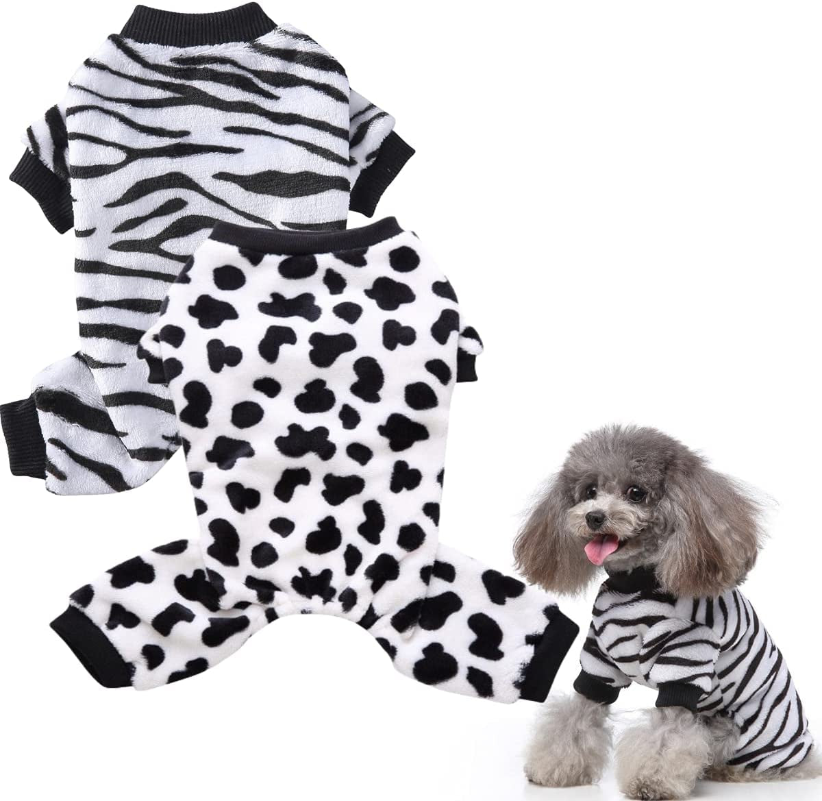 2 Pack Dog Pajamas for Small Dogs Boy Girl Fleece Puppy Pjs Jammies 4 Leg Dog Clothes for Chihuahua Yorkie Winter Warm Onesies Jumpsuit Clothing for Pet Dogs Male Female (Medium Bust 14.5") Animals & Pet Supplies > Pet Supplies > Dog Supplies > Dog Apparel Kosiyi Cow Dot + Zebra Pattern Small (2-4 Ib) 