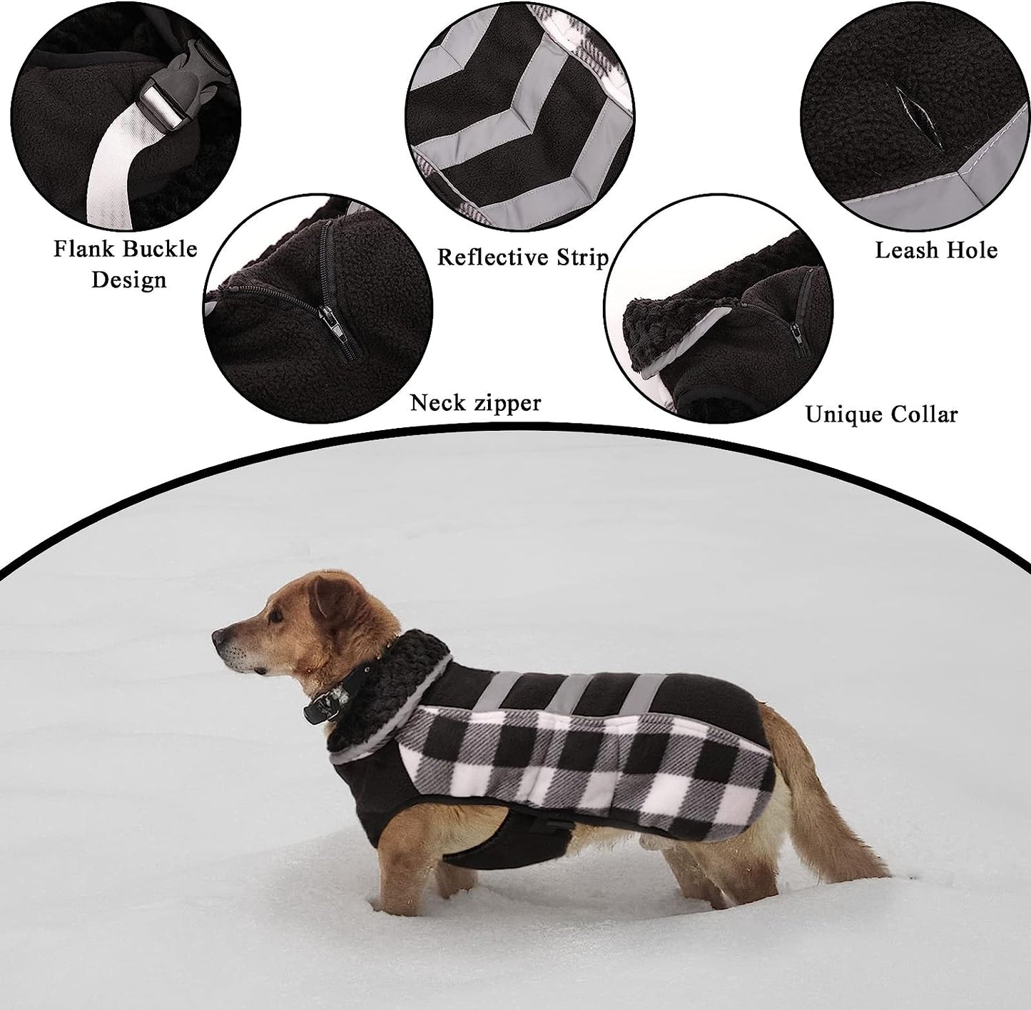 MAZORT Dog Winter Coat, Thick Warm Fleece Dog Jacket with Reflective Strips, Plaid Pet Cold Weather Apparel Clothes for Small Medium Large Dogs (White, Medium) Animals & Pet Supplies > Pet Supplies > Dog Supplies > Dog Apparel MAZORT   